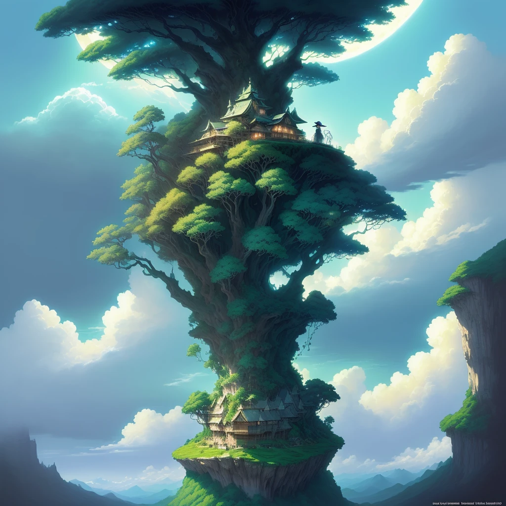 illustration of a vast lush valley on a bright summer day. With a clear blue lake. With vibrant greens and blues. at its base, a painting of a tree on a hill with a full moon in the background, a detailed matte painting art style, anime aesthetics, beautiful rainforest background, illustration, concept art, anime, designed by makoto shinkai e mamoru hosada e studio ghibli, ((best quality)), ((masterpiece)), (detailed), perched on a cloud, (fantasy illustration: 1.3), , mystical sky, (Luis Royo:1.2), ( Yoshitaka Amano:1.1), moonlit night, soft colors, (detailed cloudscape:1.3), (high resolution:1.2)