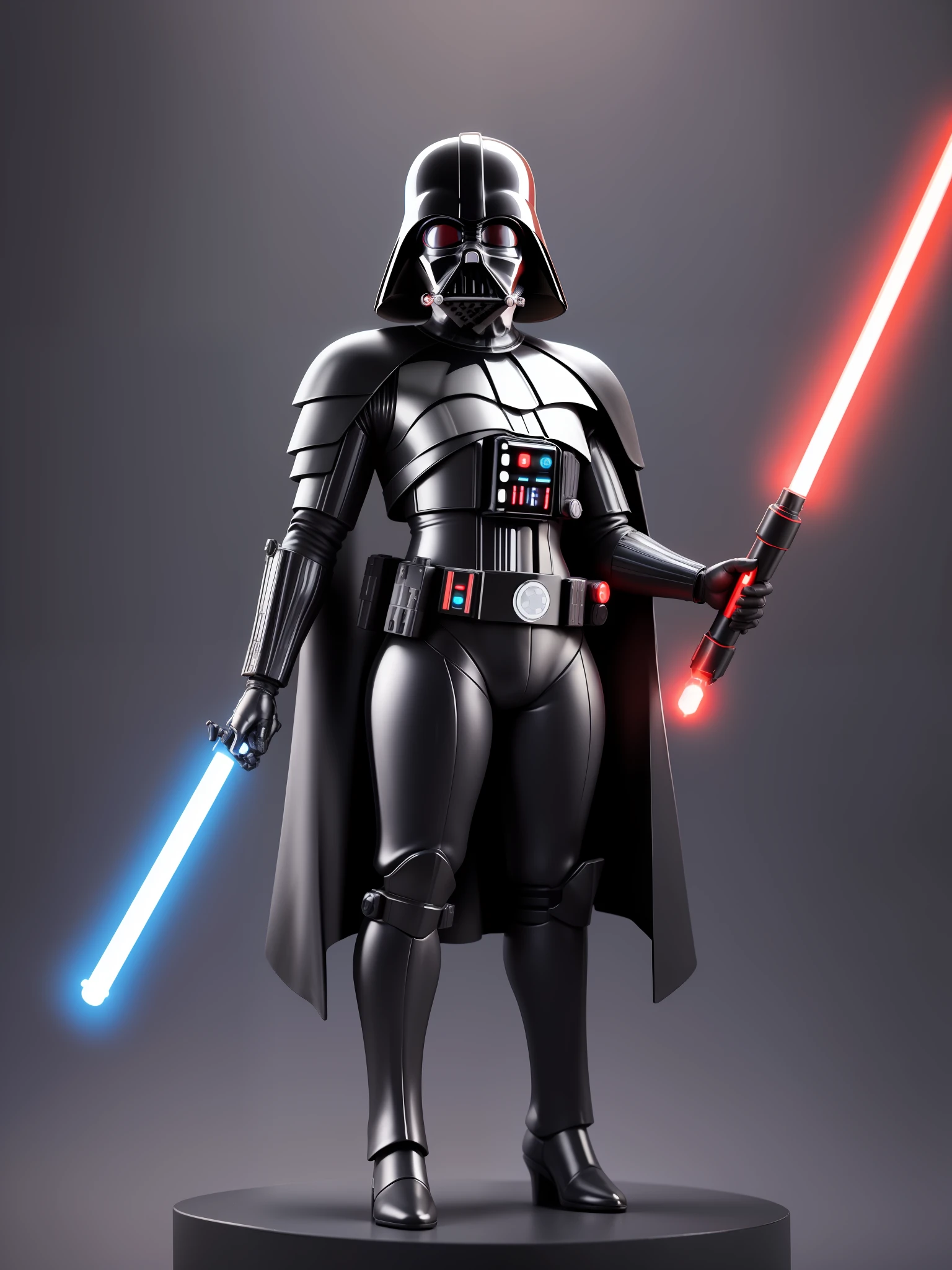 (masterpiece),(best quality),(ultra detailed), (full body: 1.2), 1darth vader,funko pop, black suit, Jedi, holding lightsaber, futuristic ship, :3, neon lights, blurry, red lightsaber, (detailed black helmet), (detailed uniform), (cyberpunk: 1.2)