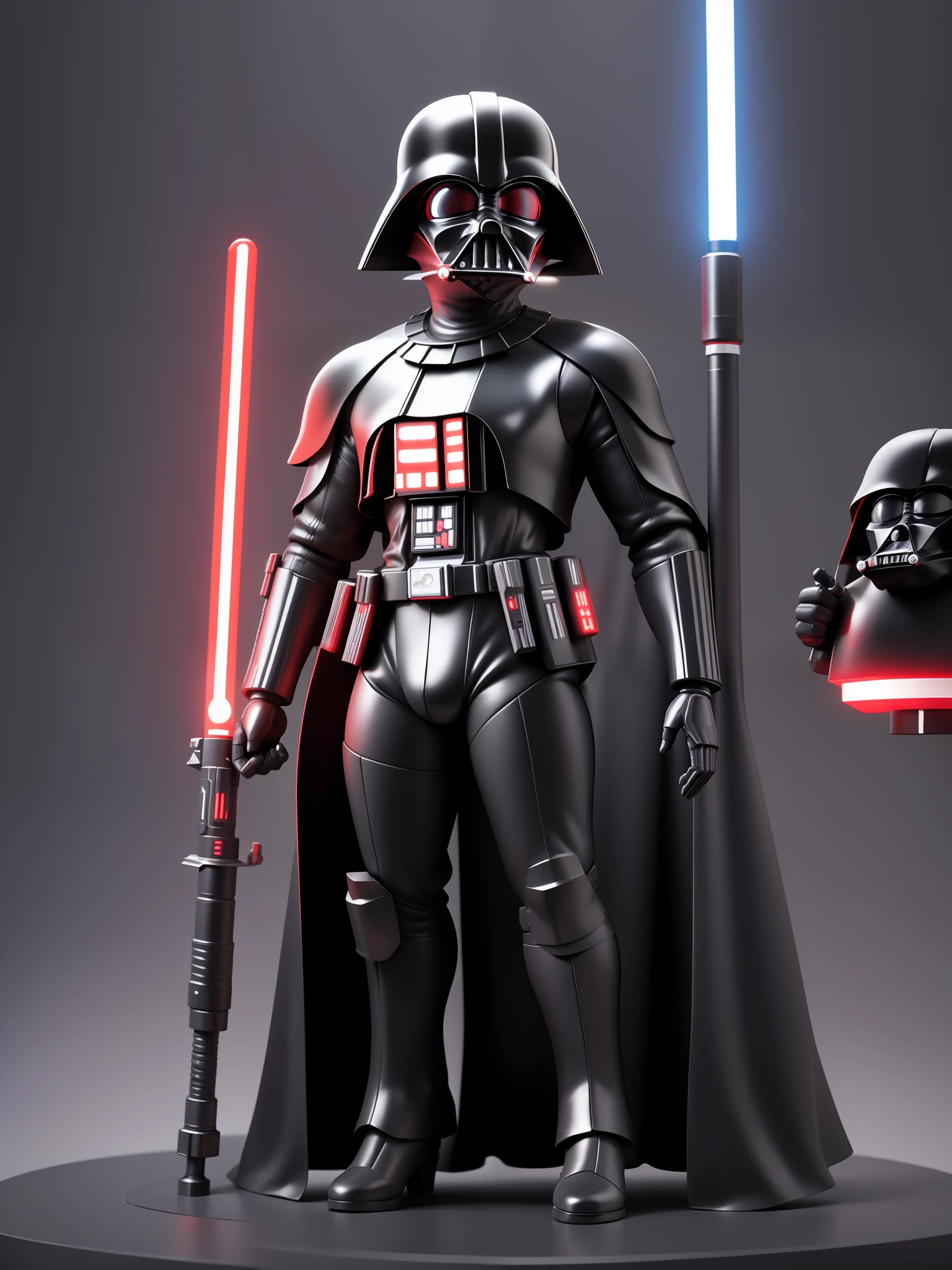 (masterpiece),(best quality),(ultra detailed), (full body: 1.2), 1darth vader,funko pop, black suit, Jedi, holding lightsaber, futuristic ship, :3, neon lights, blurry, red lightsaber, (detailed black helmet), (detailed uniform), (cyberpunk: 1.2)