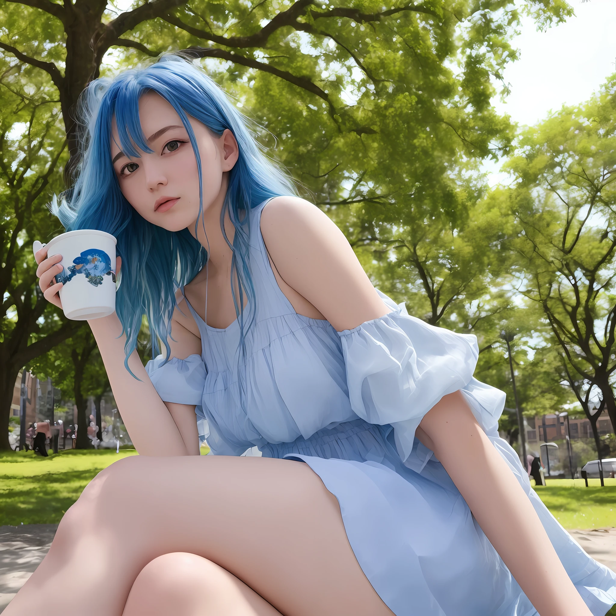 {best quality}, {{masterpiece}, }, {highres}, 1girl, pov focus, Delicate and attractive collarbone, shoulder length messy hair, Blue hair, fascinating big eyes, Sitting in a park in the sun sipping coffee with a blue cup in your arms, {wet}, {annoyed}, sports wear, Many birds, Leaning against a big tree, realistic