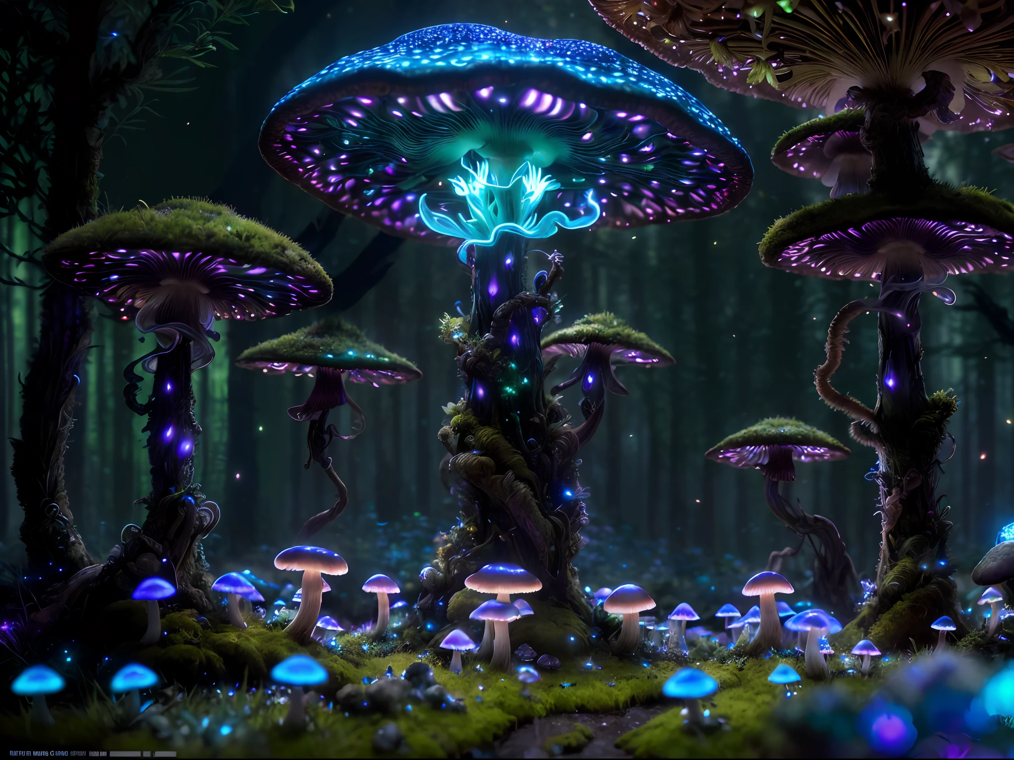 (highly detailed:1.2),(best quality:1.2),8k,sharp focus,(subsurface scattering:1.1)
(glowing magic bioluminescent mushrooms:1.2),psychadelic magic particles inthe air,  (neon bioluminescent mushroom forest at night:1.2), (magical fireflies:1.2)
(very detailed trees and rocks and moss:1.2), (highly detailed background:1.3), RPG, Elden Ring style, (fantasy:1.3),(hyperrealistic:1.2), cinematic lighting, highly detailed, artstation,smooth, sharp focus, artgerm, greg rutkowski, alphonse mucha, editor's pickup, trending on artstation, trending on deviantart, wlop