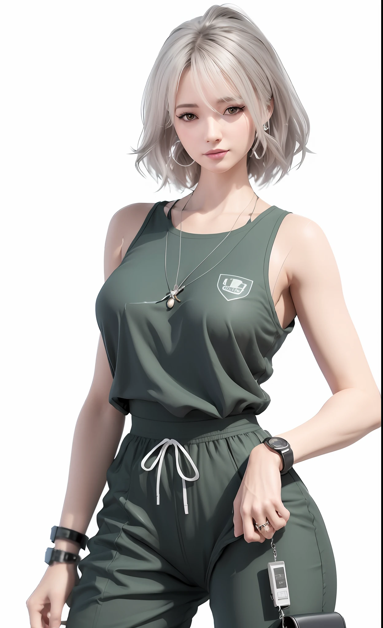 a close up of a person with a bag and a cell phone, render of april, 3 d render character art 8 k, photorealistic anime girl render, cute girl wearing tank suit, with short hair, render of a cute 3d anime girl, soldier outfit, realistic clothing, female outfit, female character, female lead character, from girls frontline