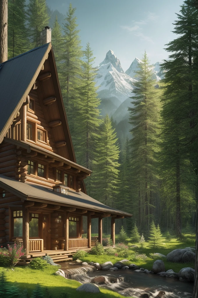 there is a cabin in the woods with a stream running through it, house in forest, cottage in the forest, peaceful wooden mansion, log cabin beneath the alps, beautiful house on a forest path, 3d rendered matte painting, house in the wood, photorealistic matte painting, highly detailed matte painting, detailed scenery —width 672, illustration matte painting