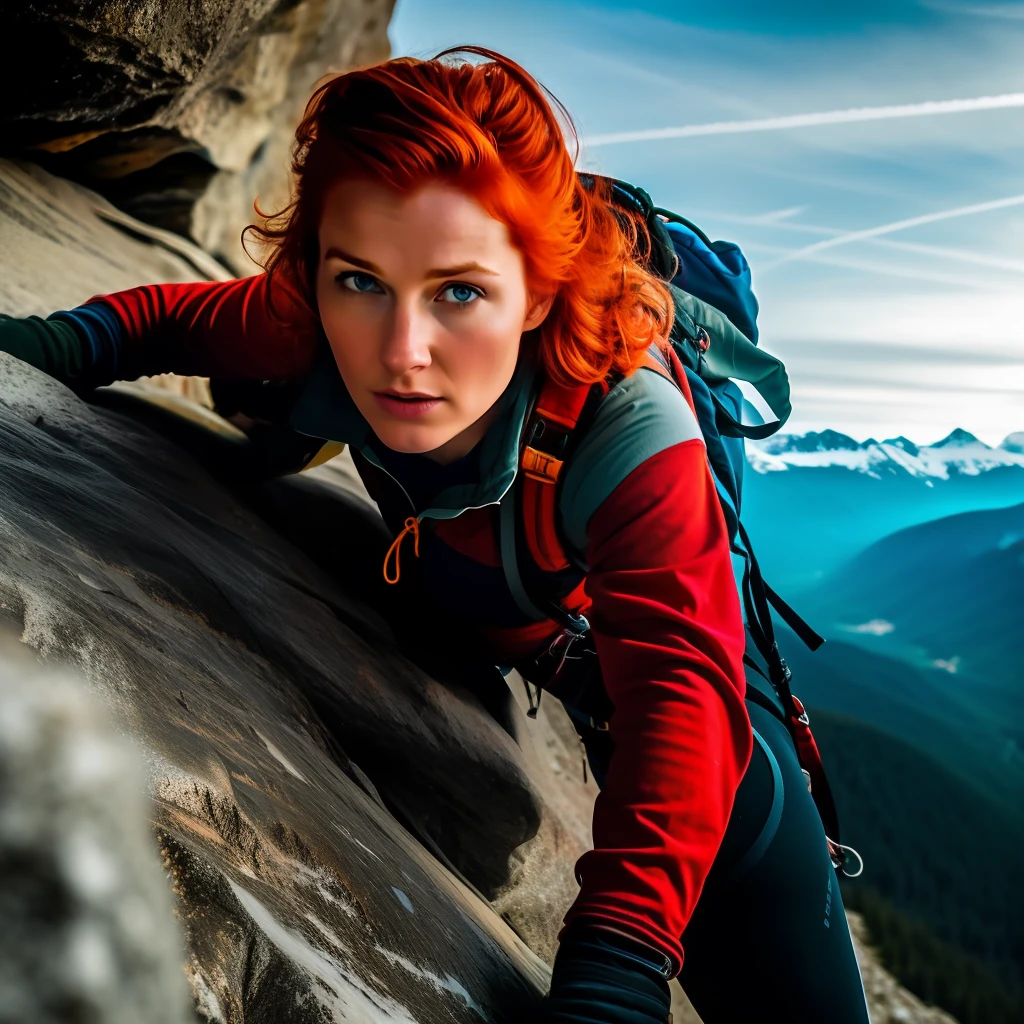 hdr, a redhead woman climbing on mountains, frightened, closeup, intricate details, hyperdetailed, cinematic, dark shot, muted colors, film grainy, soothing tones, muted colors, technicolor, (muddy:0.6)