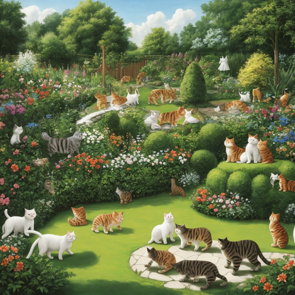 garden with a lot of cats