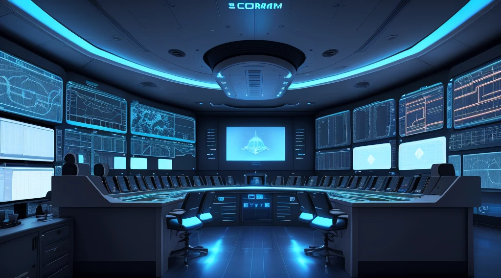 command room, control an alien ship, blue walls, realistic, 8k