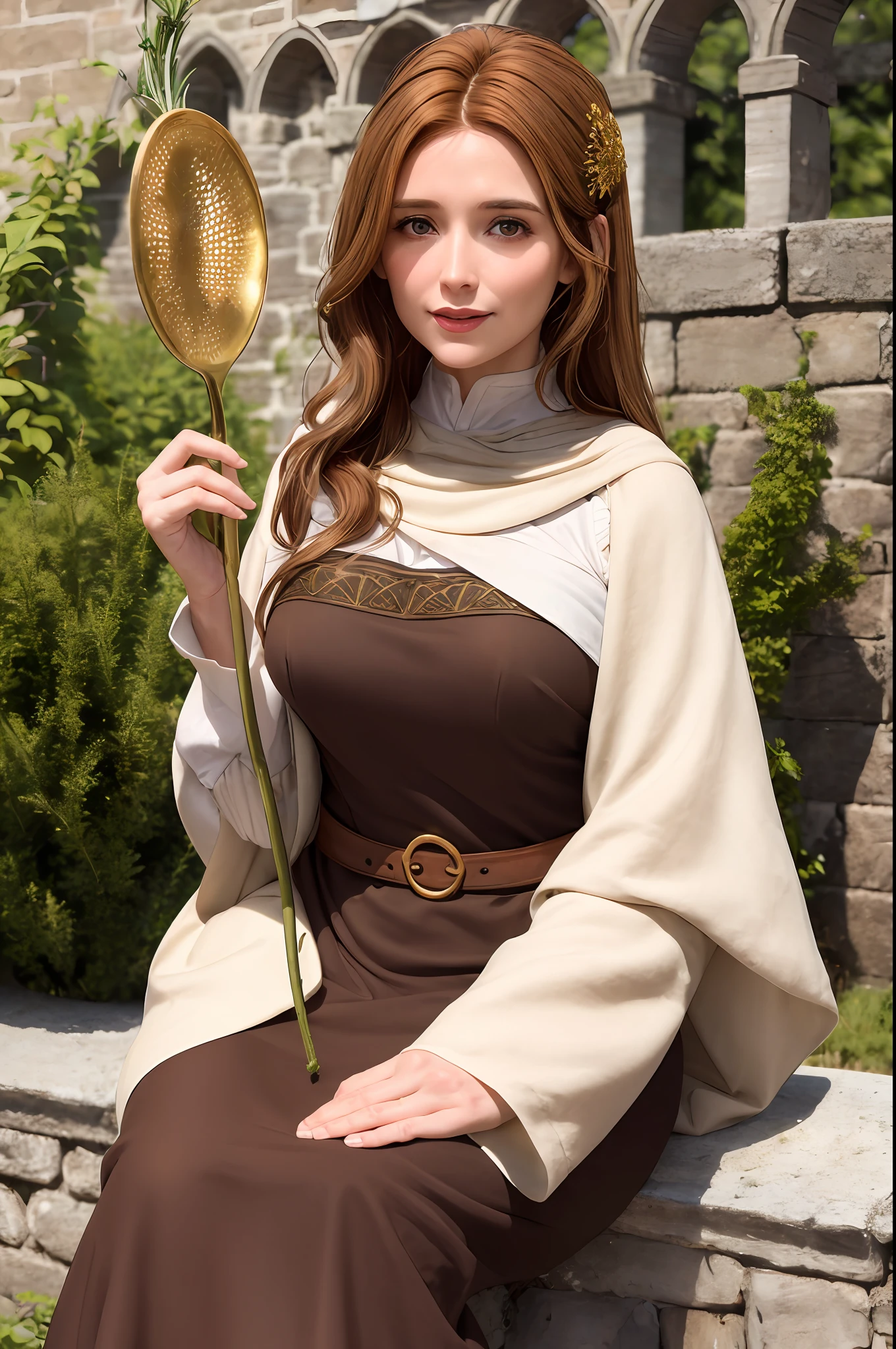 (detailed description) (best quality) 42 year old Irish woman with golden brown hair from the medieval period, peasant clothing, holding a sprig of rosemary