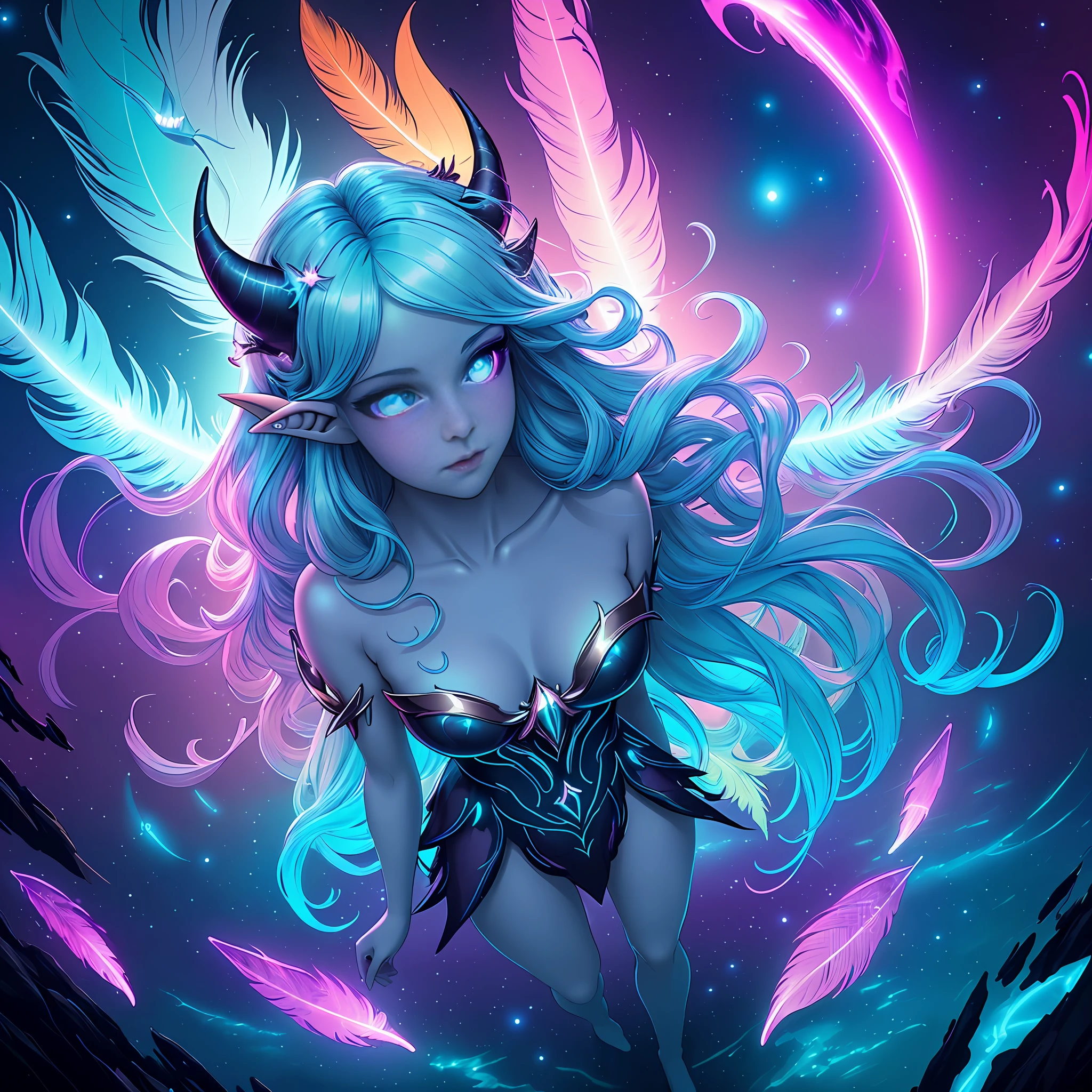 ((best quality)), ((masterpiece)), ((realistic)), full body portrait, {tanned skin}, {lillith}, 1girl, (((celestial))), deity, {devil horns}, {delicate and beautiful gothic ball gown}, {teifling goddess}, light particles, halo, looking at viewer, (bioluminescent:0.95) ocean, bioluminescent, piercing glare, celestial bioluminescent eyes, vibrant, (((colourful))), color, (glowing, glow), (beautiful composition), cinematic lighting, intricate, (symmetrical:0.5), whimsical, {fisheye lens}, ((angle from above)), (((corrupted celestial feathers falling in background))), ((hair flowing in the wind))