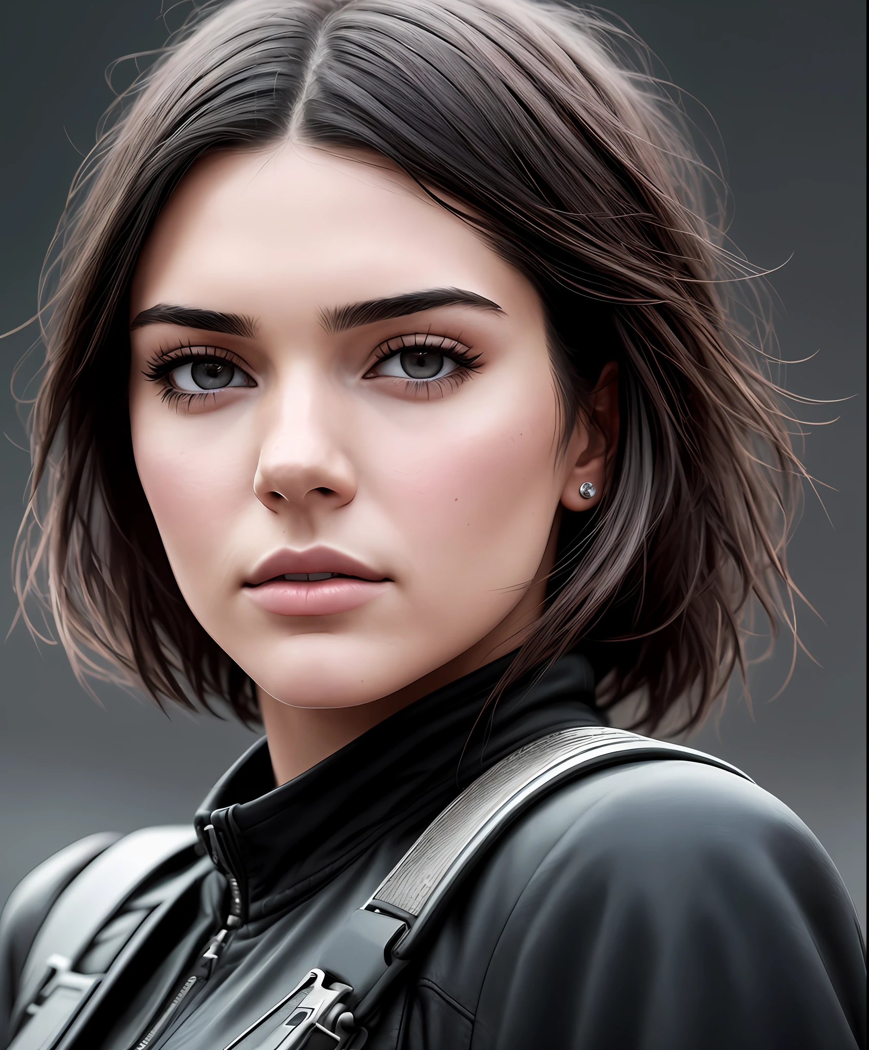 kendall jenner as a iconic female antagonist at a war torn city, 1woman, solo, in frame, driven expression, military outfit, dark theme, extremely detailed eyes, detailed symmetric realistic face, extremely detailed natural texture, peach fuzz, messy hair, masterpiece, absurdres, award winning photo by lee jeffries, nikon d850 film stock photograph, kodak portra 400 camera f1.6 lens, extremely detailed, amazing, fine detail, rich colors, hyper realistic lifelike texture, dramatic lighting, unrealengine, trending on artstation, cinestill 800 tungsten, photo realistic, RAW photo, TanvirTamim, high quality, highres, sharp focus, extremely detailed, cinematic lighting, 8k uhd, high definition, cinematic, neoprene, behance contest winner, featured on unsplash, cgsociety, unreal engine 5, ultra sharp focus