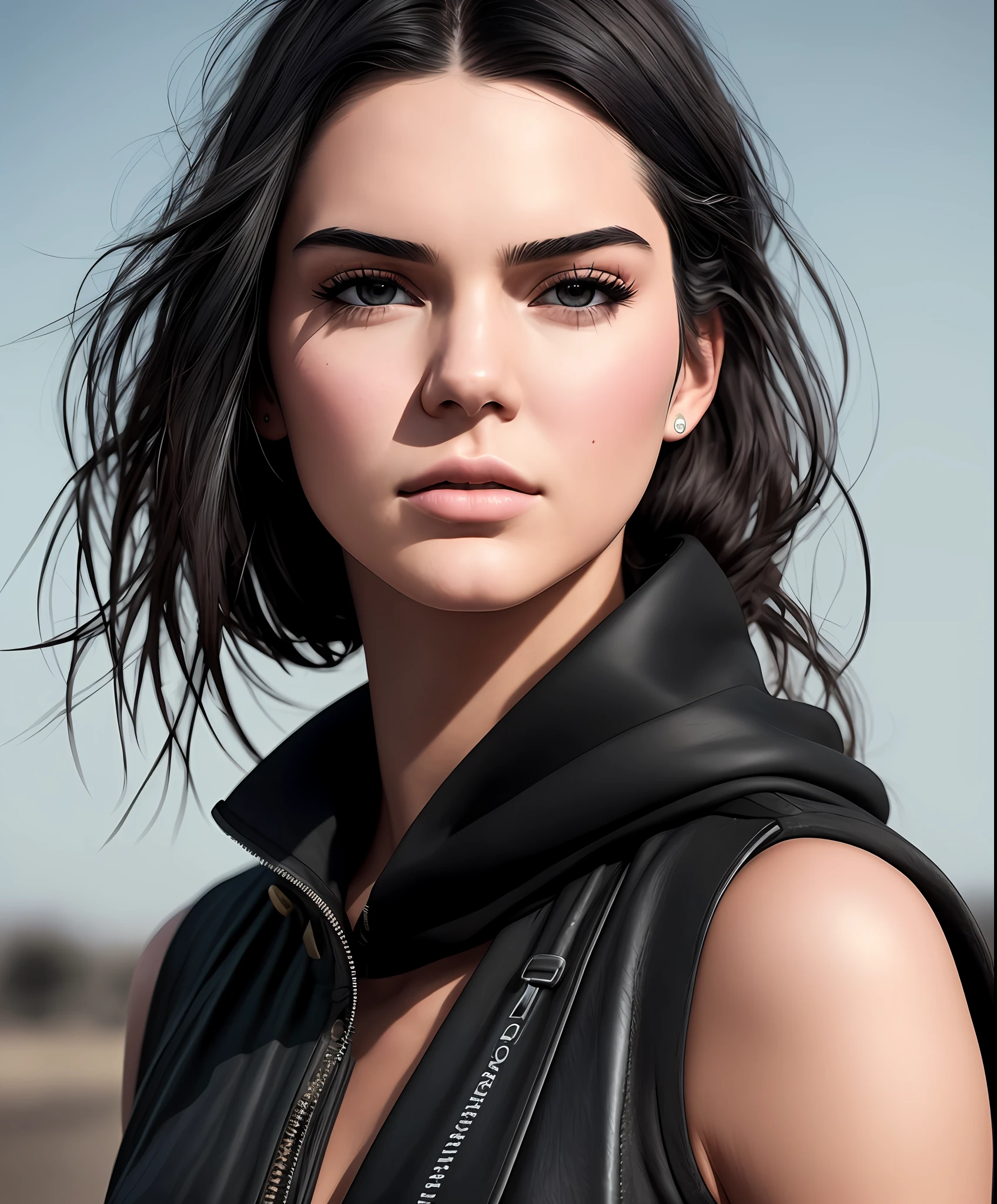 kendall jenner as a iconic female antagonist at a war torn city, 1woman, solo, in frame, driven expression, military outfit, dark theme, extremely detailed eyes, detailed symmetric realistic face, extremely detailed natural texture, peach fuzz, messy hair, masterpiece, absurdres, award winning photo by lee jeffries, nikon d850 film stock photograph, kodak portra 400 camera f1.6 lens, extremely detailed, amazing, fine detail, rich colors, hyper realistic lifelike texture, dramatic lighting, unrealengine, trending on artstation, cinestill 800 tungsten, photo realistic, RAW photo, TanvirTamim, high quality, highres, sharp focus, extremely detailed, cinematic lighting, 8k uhd, high definition, cinematic, neoprene, behance contest winner, featured on unsplash, cgsociety, unreal engine 5, ultra sharp focus