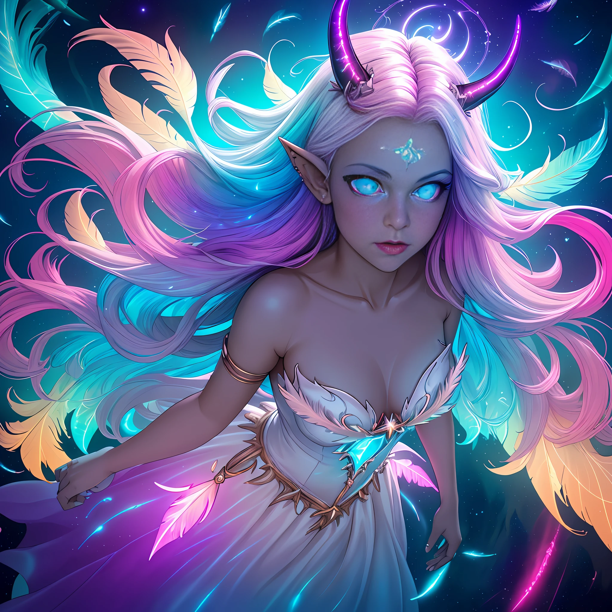 ((best quality)), ((masterpiece)), ((realistic)), full body portrait, {tanned skin}, {lillith}, 1girl, (((celestial))), deity, {devil horns}, {delicate and beautiful gothic ball gown}, {teifling goddess}, light particles, halo, looking at viewer, (bioluminescent:0.95) ocean, bioluminescent, piercing glare, celestial bioluminescent eyes, vibrant, (((colourful))), color, (glowing, glow), (beautiful composition), cinematic lighting, intricate, (symmetrical:0.5), whimsical, {fisheye lens}, ((angle from above)), (((corrupted celestial feathers falling in background))), ((hair flowing in the wind))
