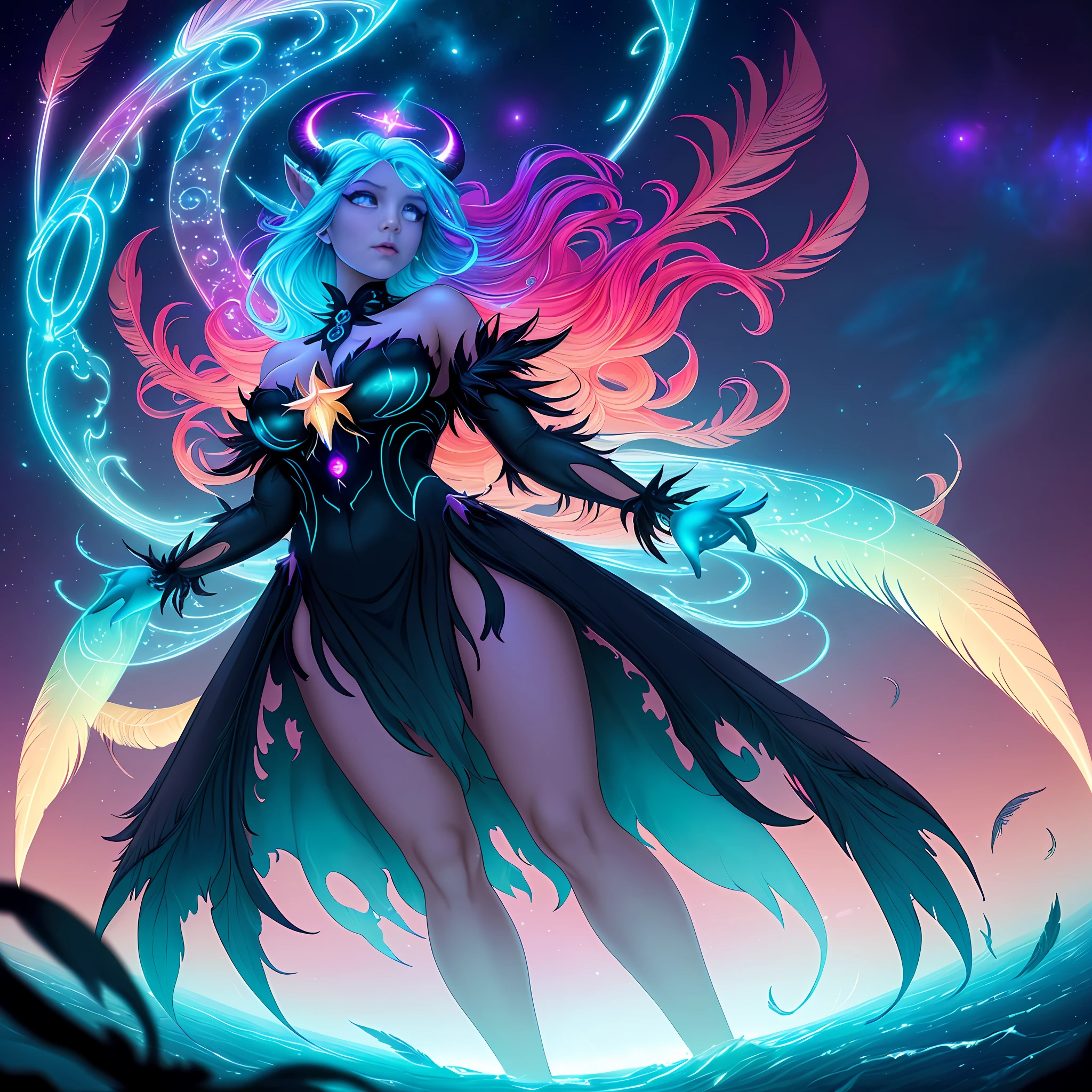 ((best quality)), ((masterpiece)), ((realistic)), full body portrait, {tanned skin}, {lillith}, 1girl, (((celestial))), deity, {demon horns}, {delicate and beautiful gothic ball gown}, {teifling goddess}, light particles, halo, looking at viewer, (bioluminescent:0.95) ocean, bioluminescent, piercing glare, celestial bioluminescent eyes, vibrant, (((colourful))), color, (glowing, glow), (beautiful composition), cinematic lighting, intricate, (symmetrical:0.5), whimsical, {fisheye lens}, ((angle from below)), (((corrupted celestial feathers falling in background))), ((hair flowing in the wind)),