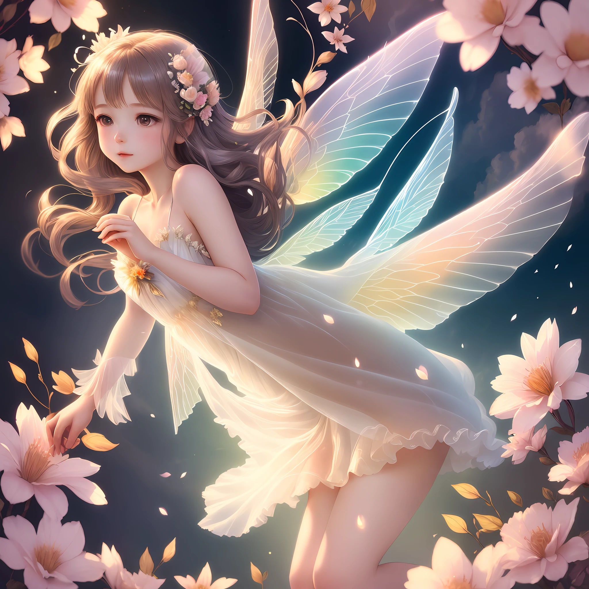 (best quality, masterpiece, perfect illustration), a fairy, (translucent wings, silk dress, shining hair, delicate face), floating in the air, enchanting glow, flowers around her.