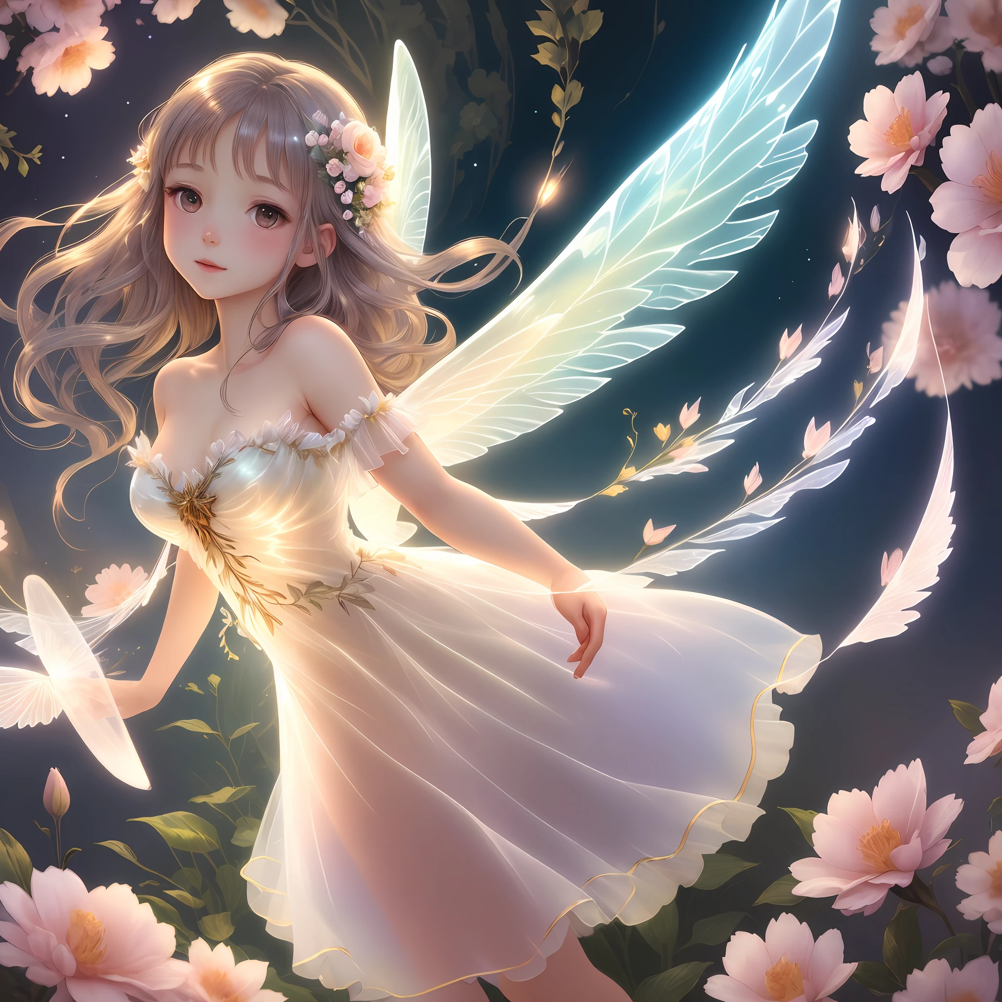 (best quality, masterpiece, perfect illustration), a fairy, (translucent wings, silk dress, shining hair, delicate face), floating in the air, enchanting glow, flowers around her.