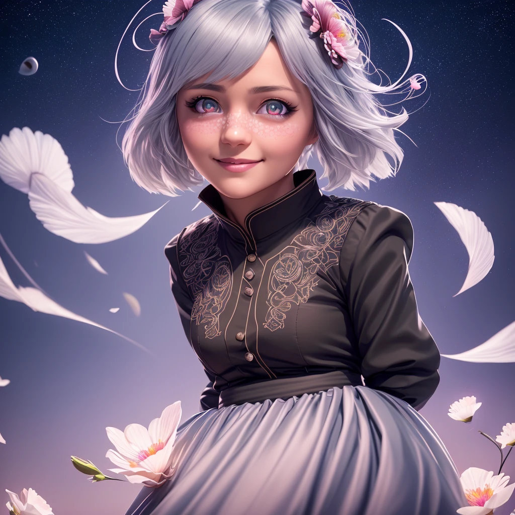 masterpiece, best quality,
1girl, (colorful),(finely detailed beautiful eyes and detailed face),cinematic lighting,bust shot,extremely detailed CG unity 8k wallpaper,white hair,solo,smile,intricate skirt,((flying petal)),(Flowery meadow)
sky, cloudy_sky, building, moonlight, moon, night, (dark theme:1.3), light, fantasy,