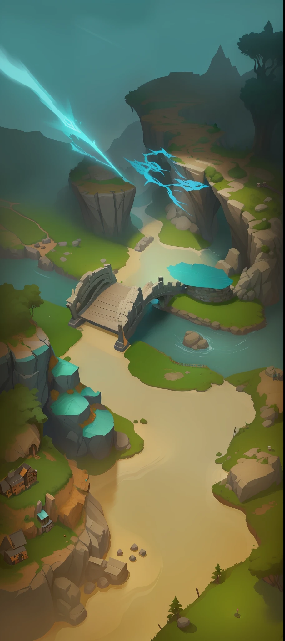 there is a cartoon picture of a river and a small bridge, painted as a game concept art, odin's stone arena background, stylized concept art, stylized game art, detailed game art, mobile game background, background art, mobile game art, arena background, fantasy game art style, game concept, detailed game art illustration, game concept art, background artwork