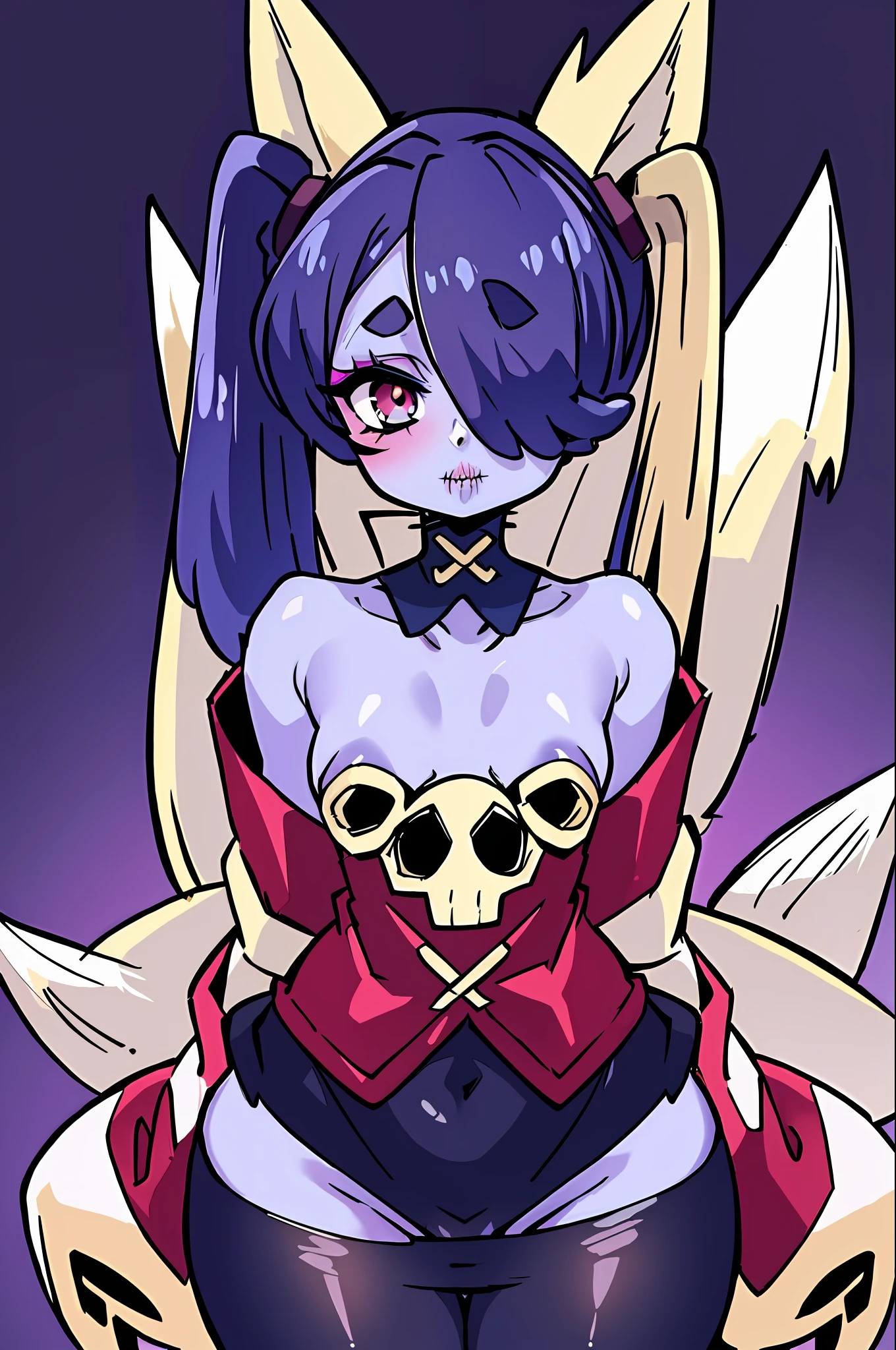 wavy, 1 li, solo, small breasts, looking at viewer, bare shoulders, open sleeves, hair over one eye, red eyes, side ponytail, ponytail, loose collar, skull, ((blue skin)), dots, zombie, striped sleeves, stitched mouth, extremely detailed, highly detailed, perfect face, beauty, perfect eyes ((skeletal arm, live tails, big ass, big lips)), big eyes, makeup, big eyelashes, cute, adorable , serious, ( (leviathan: 1.3)), full body, in lingerie, ecchi anime style, full body art, ecchi style, anime character, kneeling, torn clothing