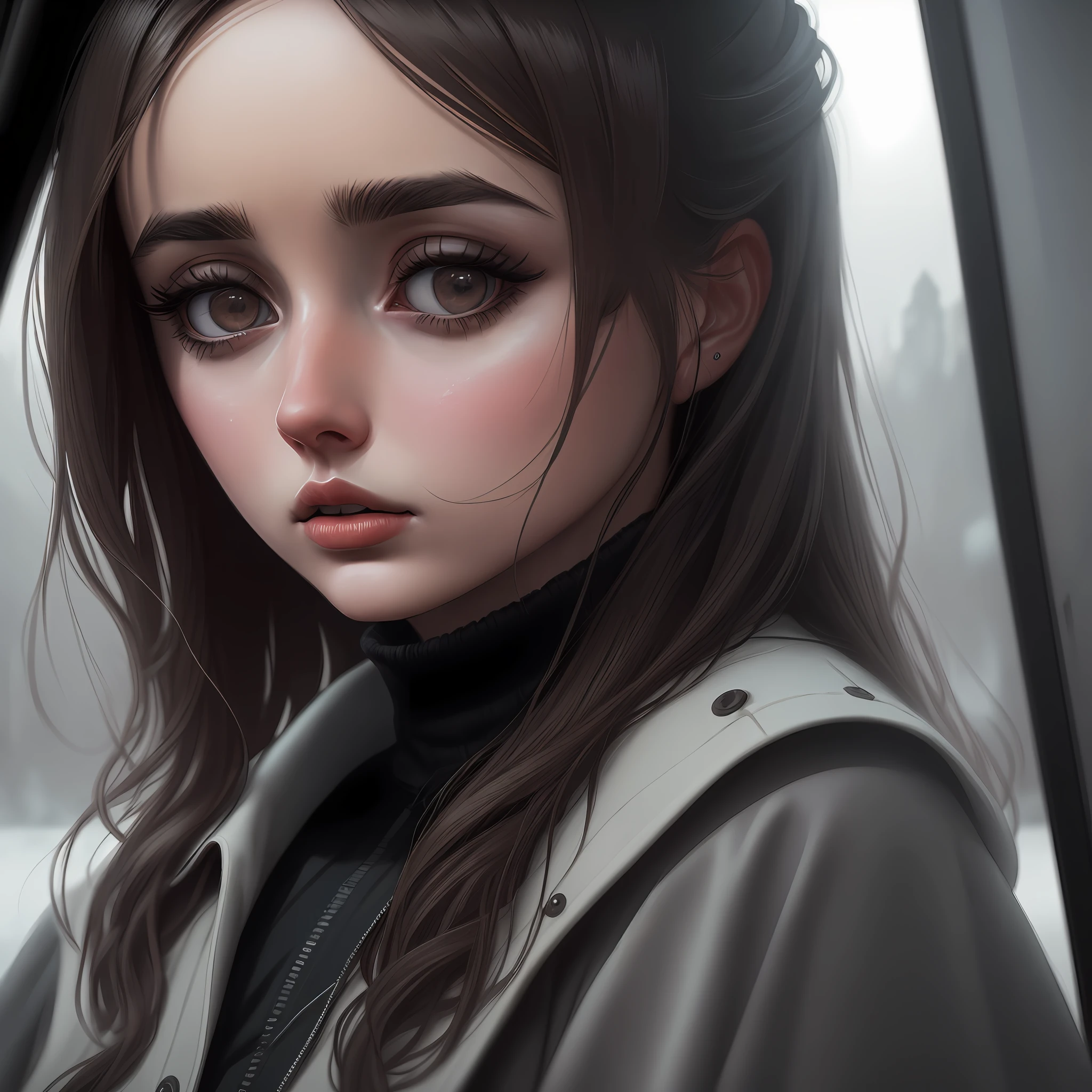 A stunning close-up illustration of Ana de Armas in a dramatic, dark and melancholic style, inspired by the work of Simon Stålenhag, with intricate detail and a sense of mystery.