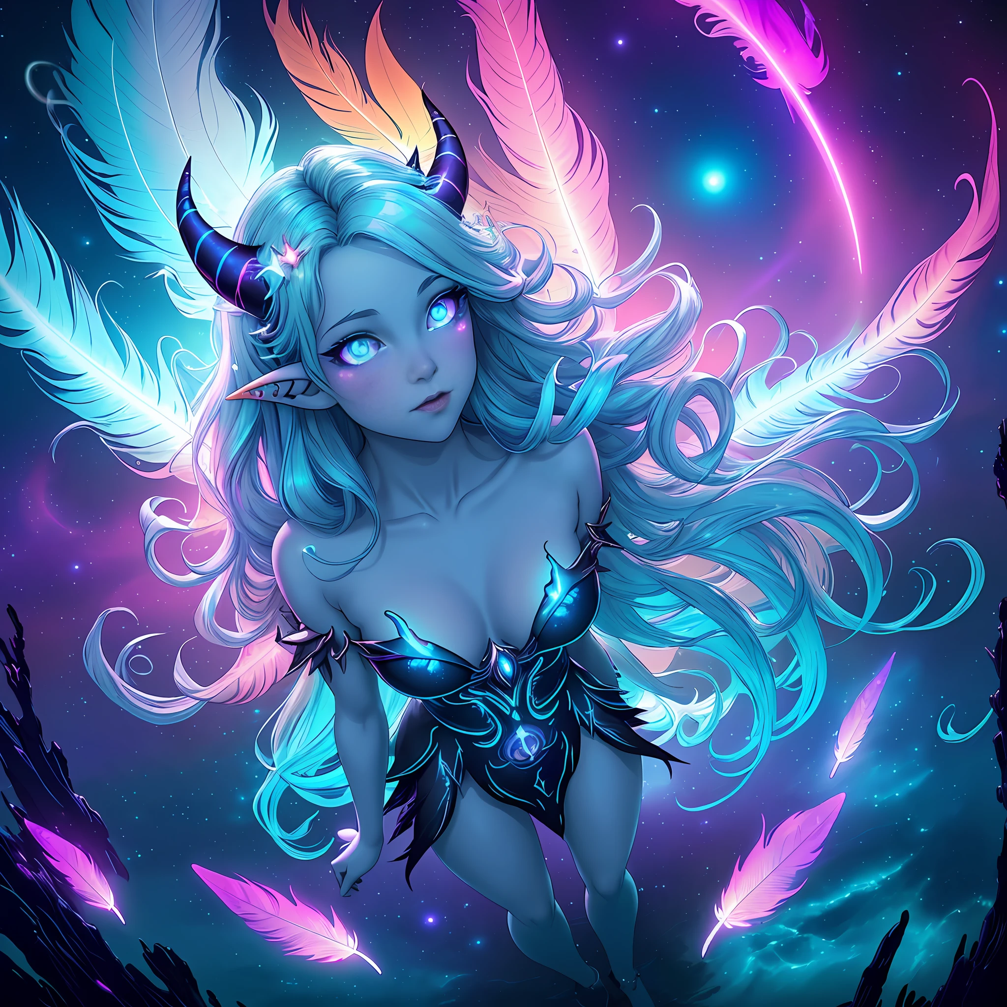 ((best quality)), ((masterpiece)), ((realistic)), full body portrait, {tanned skin}, {lillith}, 1girl, (((celestial))), deity, {devil horns}, {delicate and beautiful gothic ball gown}, {teifling goddess}, light particles, halo, looking at viewer, (bioluminescent:0.95) ocean, bioluminescent, piercing glare, celestial bioluminescent eyes, vibrant, (((colourful))), color, (glowing, glow), (beautiful composition), cinematic lighting, intricate, (symmetrical:0.5), whimsical, {fisheye lens}, ((angle from above)), (((corrupted celestial feathers falling in background))), ((hair flowing in the wind)), ((age 24)), ahegao