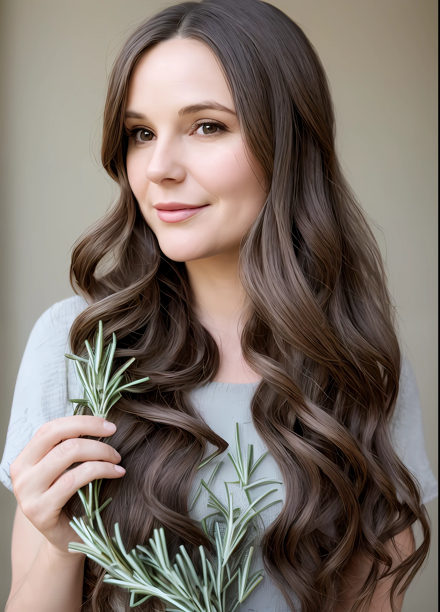 (detailed description) (best quality) 42 year old woman with long wavy hair, square face, holding a sprig of rosemary