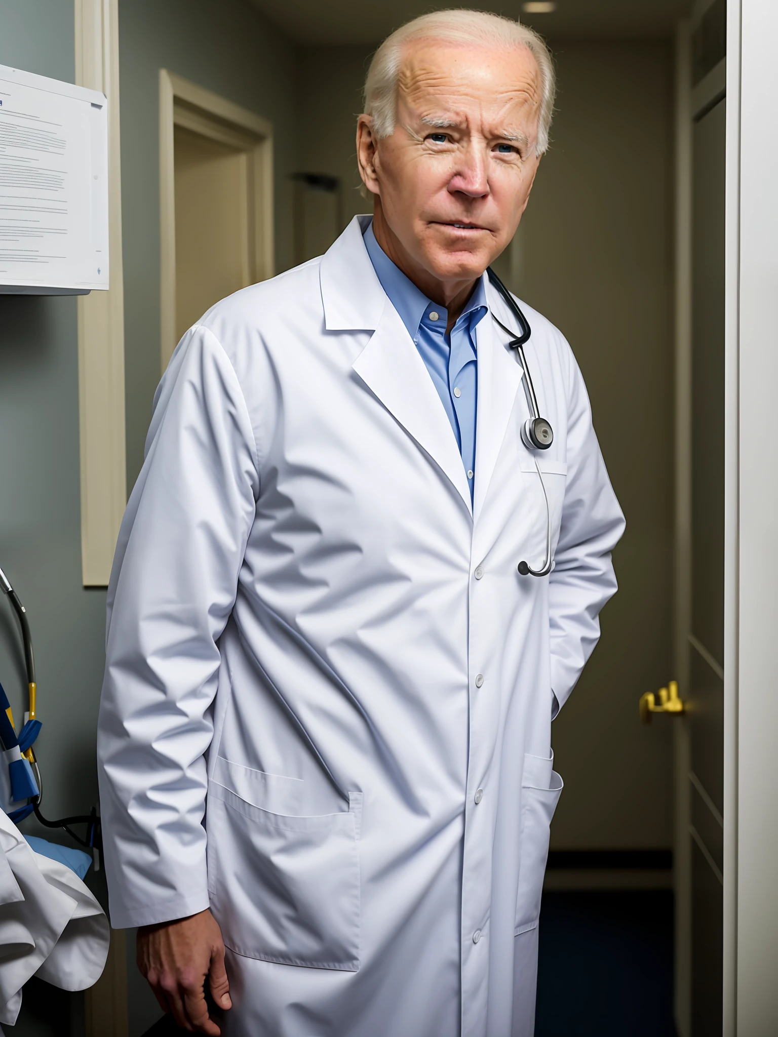 award-winning photo of JoeBiden ,as (doctor:1.1), muscular, serious face, wearing a doctor's coat, abdomen, in a hospital