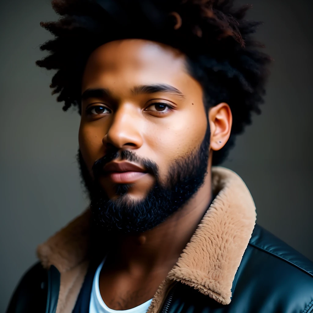 The Weekend, a little beard, afro, stage lights, primitive analog style, charming eyes, charming expression. The background should be neutral and simple, paying close attention to details such as the highlights and shadows on his face and hair to create a realistic and realistic image. Experiment with different lighting techniques to enhance the mood and mood of your portraits. highly detailed skin, skin detail, sharp focus, volumetric fog, 8k uhd, dslr, high quality, film grain, fujifilm xt3
