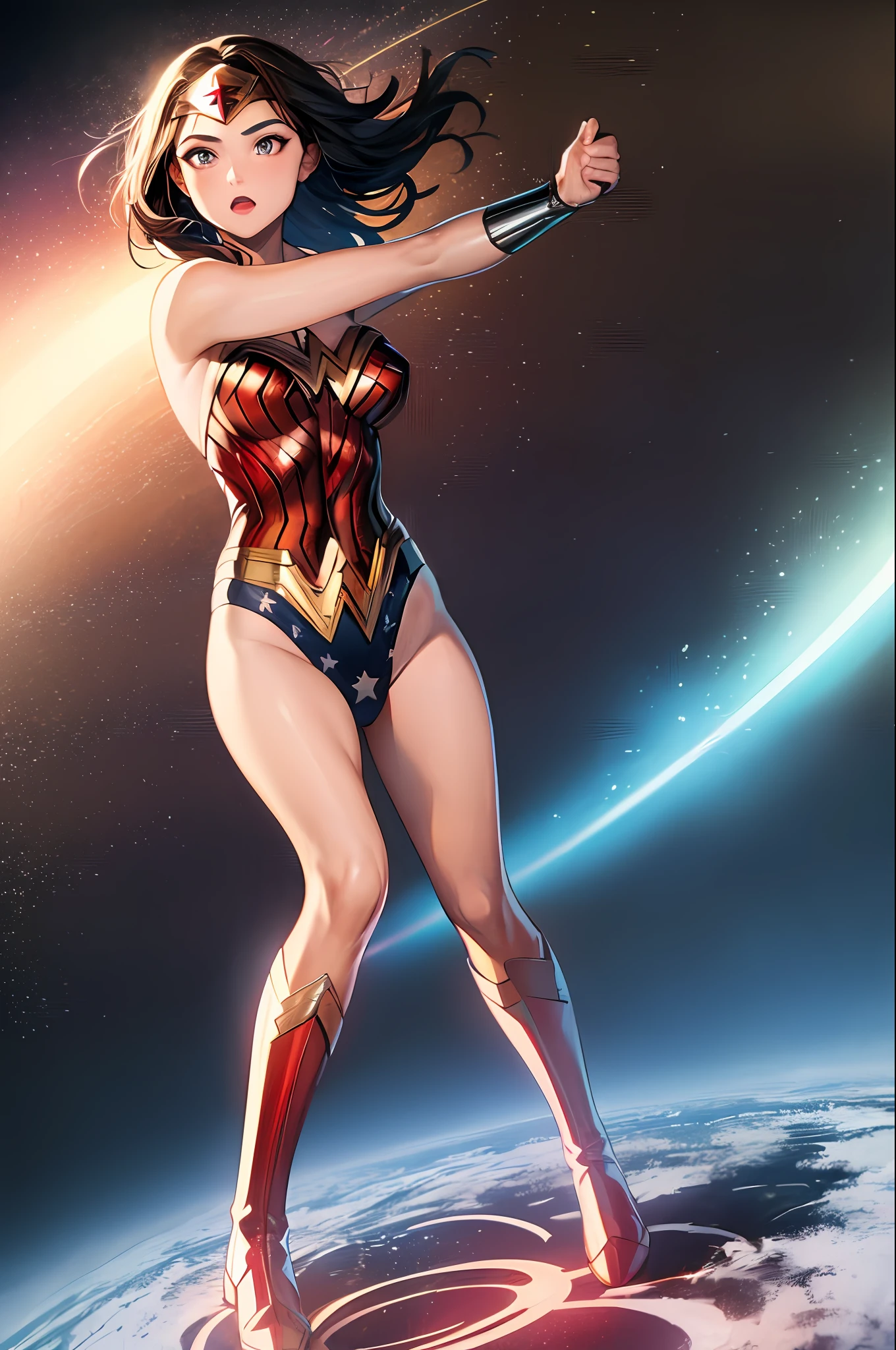 masterpiece, best quality, 1girl, wonder woman, solo, leotard, boots, superhero, spin, twirl, space, space backdrop, tornado spin, wind paticles, light particles, stand, swirls, time travel,