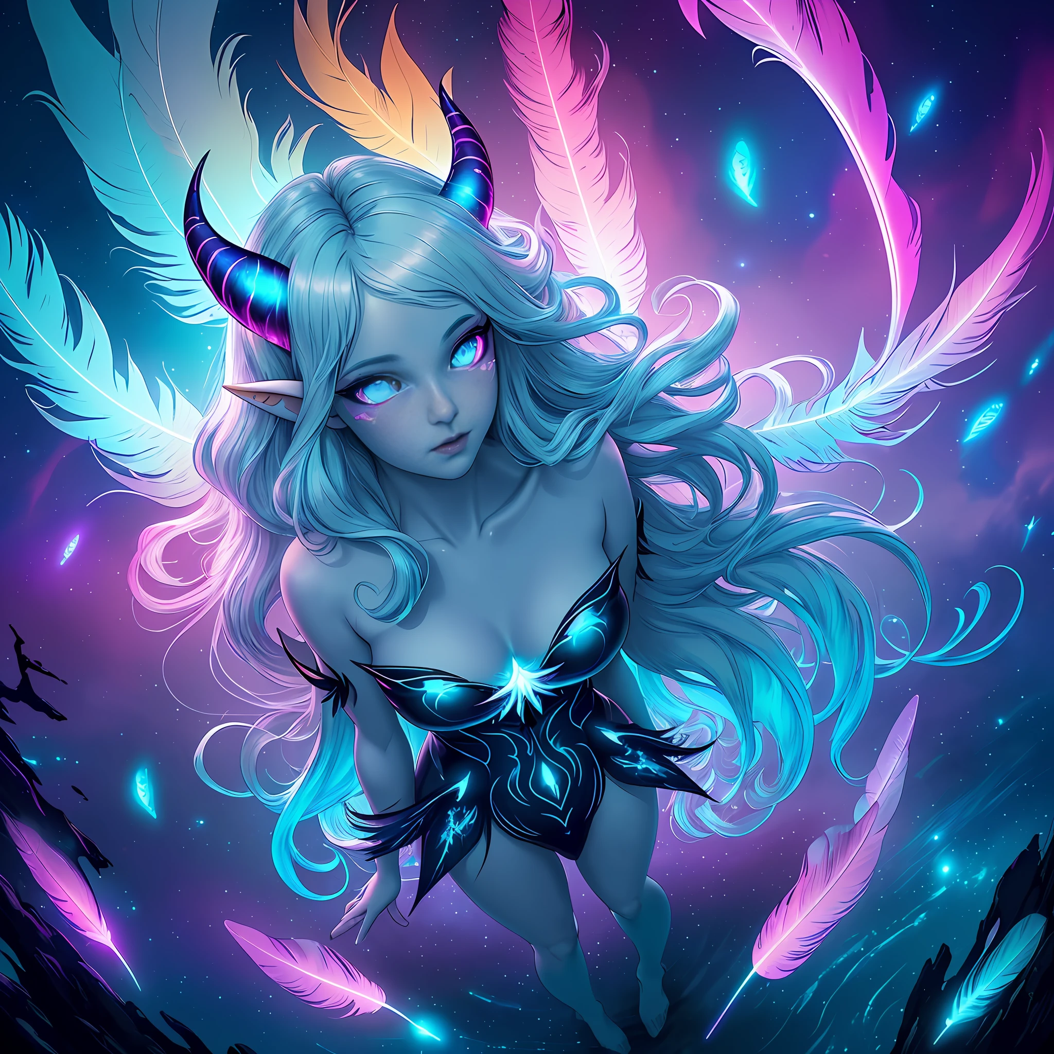 ((best quality)), ((masterpiece)), ((realistic)), full body portrait, {tanned skin}, {lillith}, 1girl, (((celestial))), deity, {devil horns}, {delicate and beautiful gothic ball gown}, {teifling goddess}, light particles, halo, looking at viewer, (bioluminescent:0.95) ocean, bioluminescent, piercing glare, celestial bioluminescent eyes, vibrant, (((colourful))), color, (glowing, glow), (beautiful composition), cinematic lighting, intricate, (symmetrical:0.5), whimsical, {fisheye lens}, ((angle from above)), (((corrupted celestial feathers falling in background))), ((hair flowing in the wind)), ((age 24)), ahegao, (((age 32 face))), ((slender delicate face))