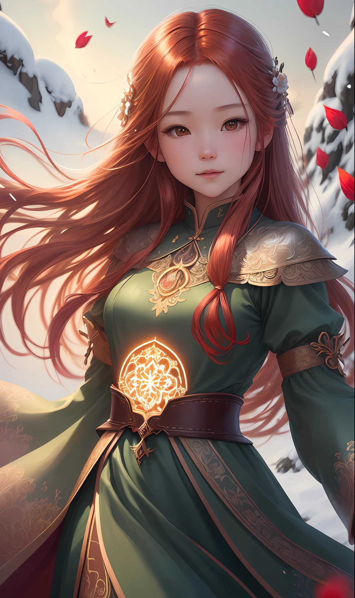 luminism, fantasy acrylic, a close up of a cute Vietnamese, by WLOP, greg rutkowski, long red ginger silky hair, flowers in hair, wheat shoot in hair, emerald eyes, feathery dress, golden necklace, silver glowing snow, winter, falling snow, complex background, dynamic lighting, lights, digital painting, intricated pose, highly detailed, cute, filigree, intricated