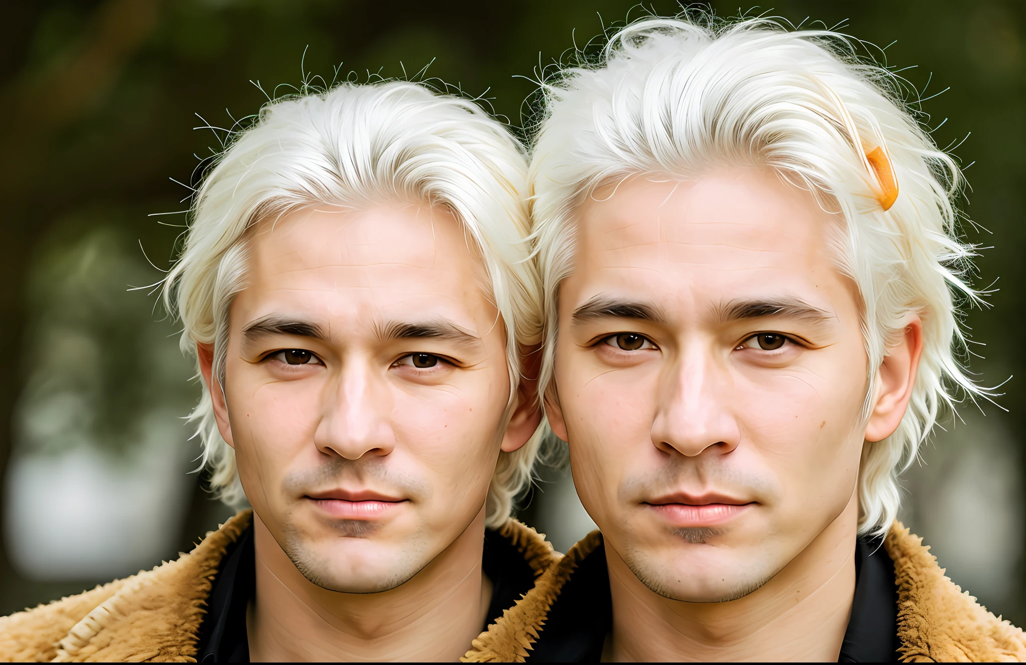 (blurred background: 1.5, close-up: 1), (photorealistic: 1.4), (best quality: 1.0), (high resolution: 1.0), 8k, RAW photo, (masterpiece: 1.0) 0.2), Asian horned men gang, orange skin, one-eyed and white hair, beautiful skin, detailed skin, (Black Horns: 0.1), (white hair: 1.3), (orange skin: 1.3) (one eye centered on the face above the nose: 1.5), (short hair: 1).
