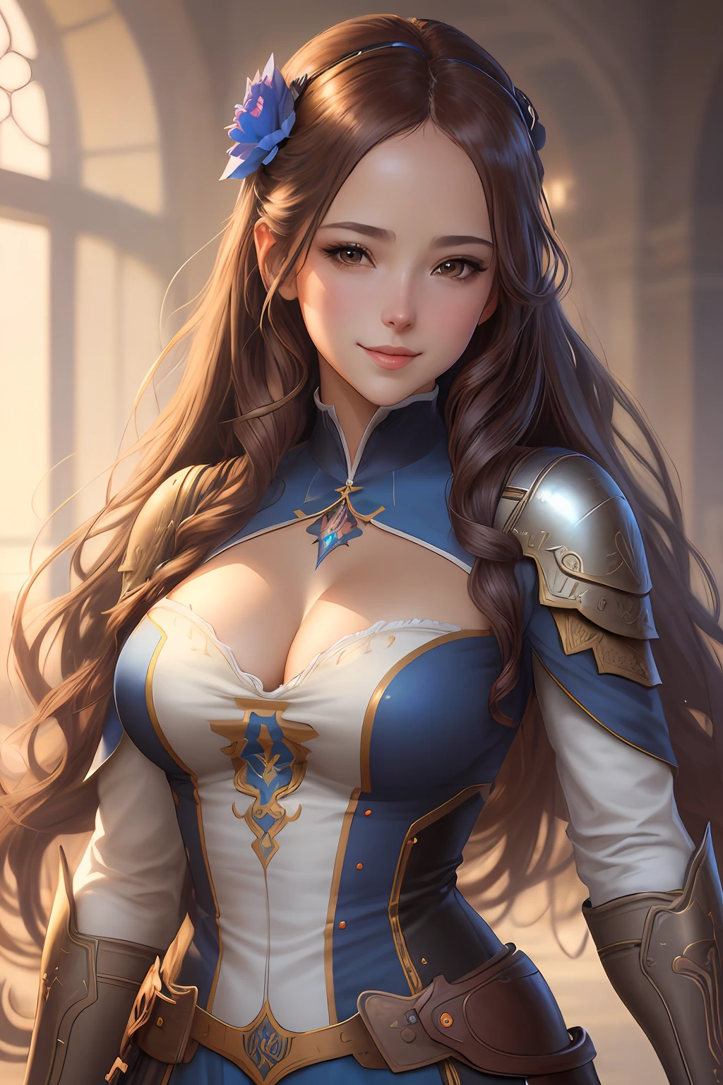 portrait of beautiful happy young woman ana de weapons, ethereal, realistic anime, trending on pixiv, detailed, clean lines, crisp lines, crisp lines, award-winning illustration, masterpiece, 4k, eugene de blaas and ross tran, vibrant color scheme, intricately detailed