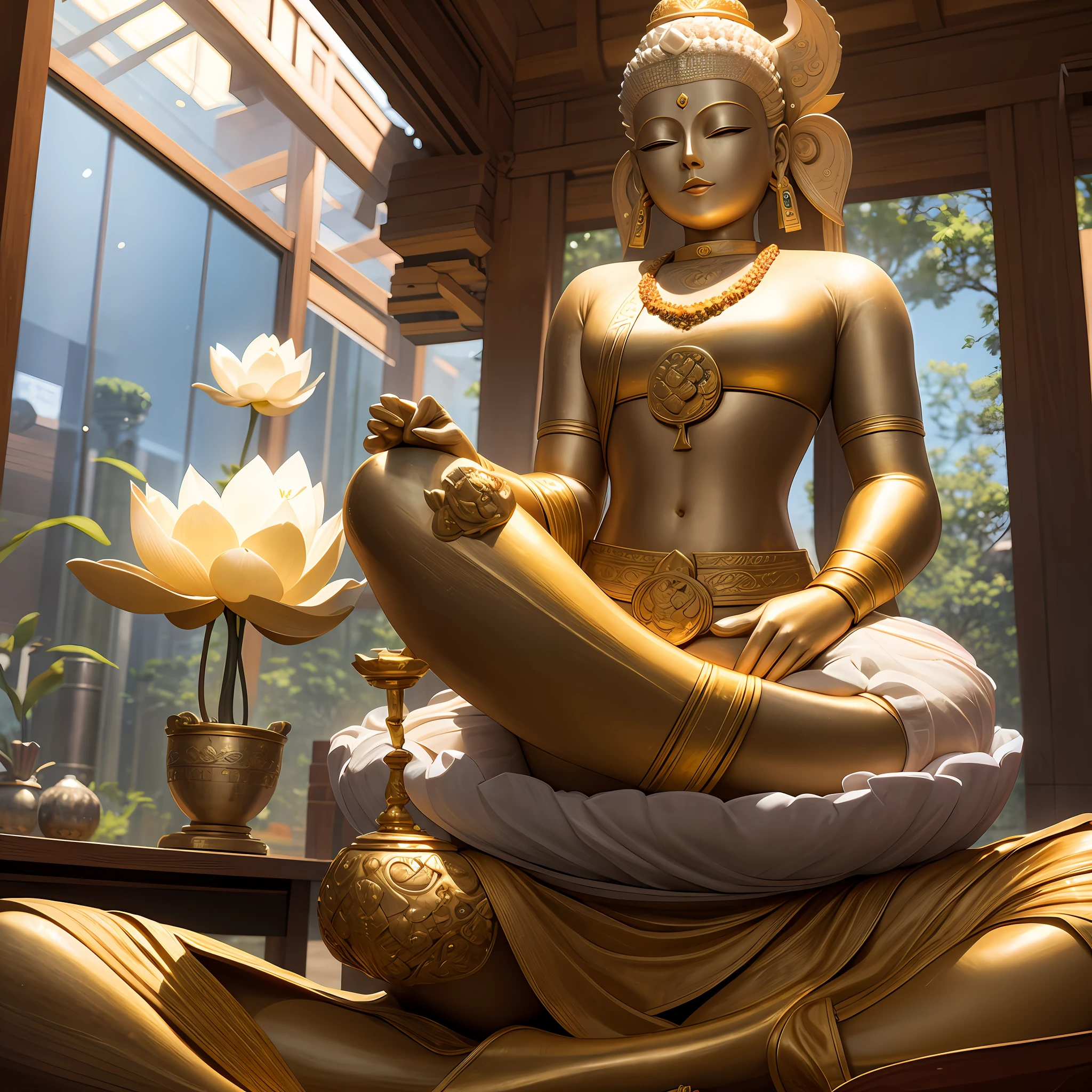 Tathagata Buddha statue, looking up, (metal: 1.5), smooth, upper body, (head/back disc: 2), bright, ray tracing, (realism: 1.4), (best quality: 1.0), (super high resolution Rate: 1.0), 8k, RAW photo, man, (photo: 0.2), super fine, (half-closed eyes: 1.2), sitting, lotus seat, white jade, lotus