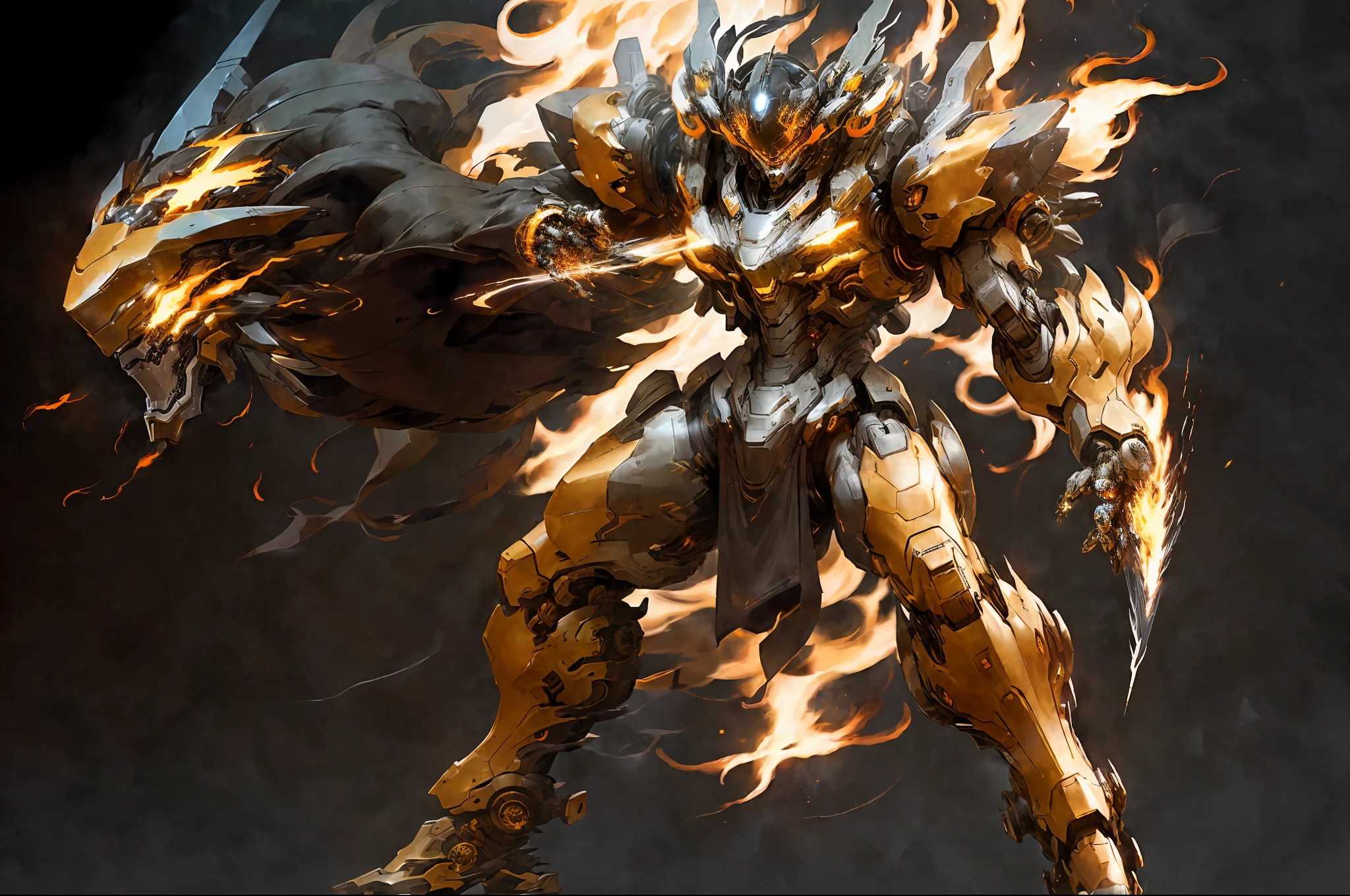 1robot glowing, full body, mecha \(mjstyle\) zhongfenghua, ((high contrast, flat color)), omit details, smoke, flame, explosion, mastery, high quality,(( dynamic angle, dynamic pose )), weapon, lens glare