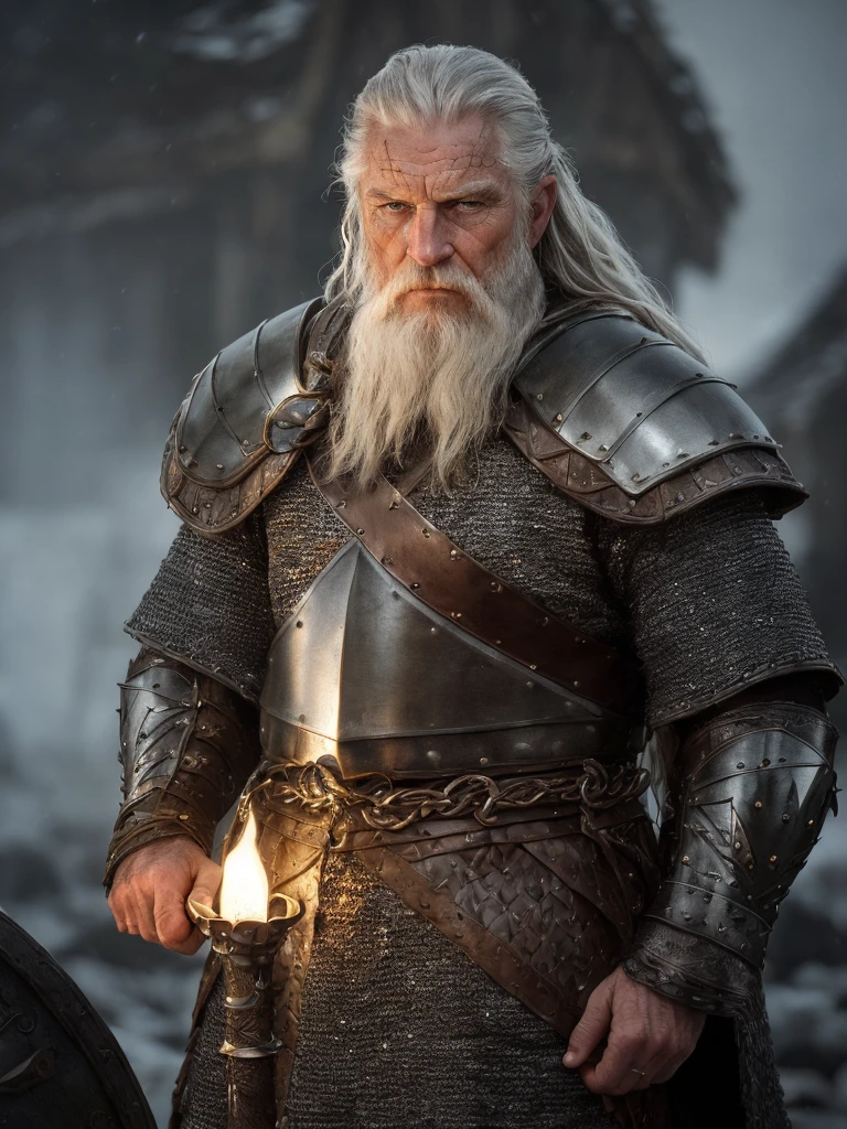 (Highest quality:1.3), cinematic shot, masterpiece, (sharp focus:1.5), (photorealistic:1.3),  medium portrait of (a weary-looking but still proud and fierce-looking old Viking warrior, now the leader of his village, dressed in elaborately detailed chain mail and leather armour, a few torches burn on the walls, giving the scene a dark atmosphere but sculpting the forms in sharp chiaroscuro), it is night time, (highly detailed skin),  (detailed face), detailed background, dark lighting, twilight lighting, volumetric lighting,  intricate details, UHD,