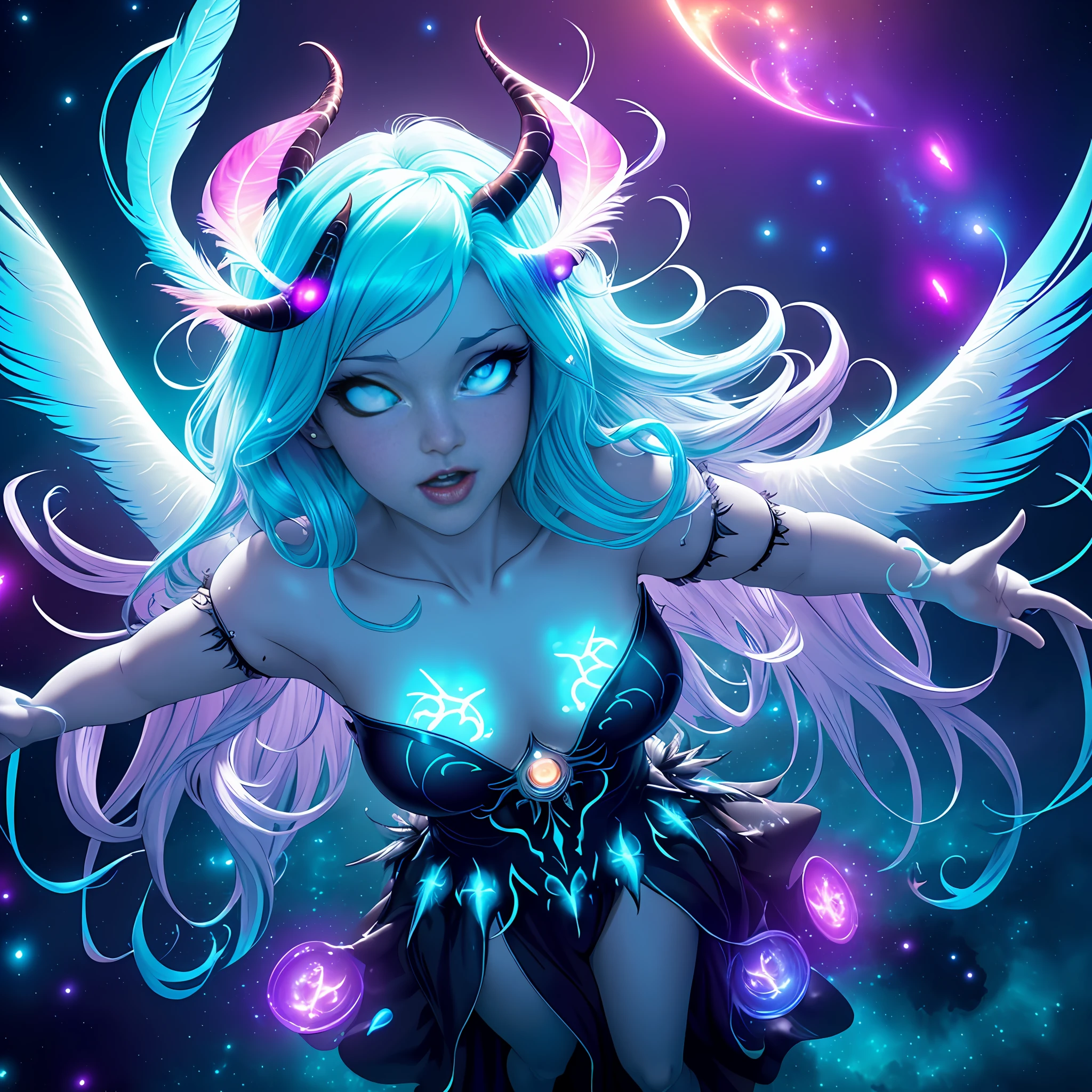 ((best quality)), ((masterpiece)), ((realistic)), full body portrait, {tanned skin}, {lillith}, 1girl, (((celestial))), deity, {devil horns}, {delicate and beautiful gothic ball gown}, {teifling goddess}, light particles, halo, looking at viewer, (bioluminescent:0.95) ocean, bioluminescent, piercing glare, celestial bioluminescent eyes, vibrant, (((colourful))), color, (glowing, glow), (beautiful composition), cinematic lighting, intricate, (symmetrical:0.5), whimsical, {fisheye lens}, ((angle from above)), (((corrupted celestial feathers falling in background))), ((hair flowing in the wind)), ((age 24)), , ((open arms welcoming)), (( eyes))