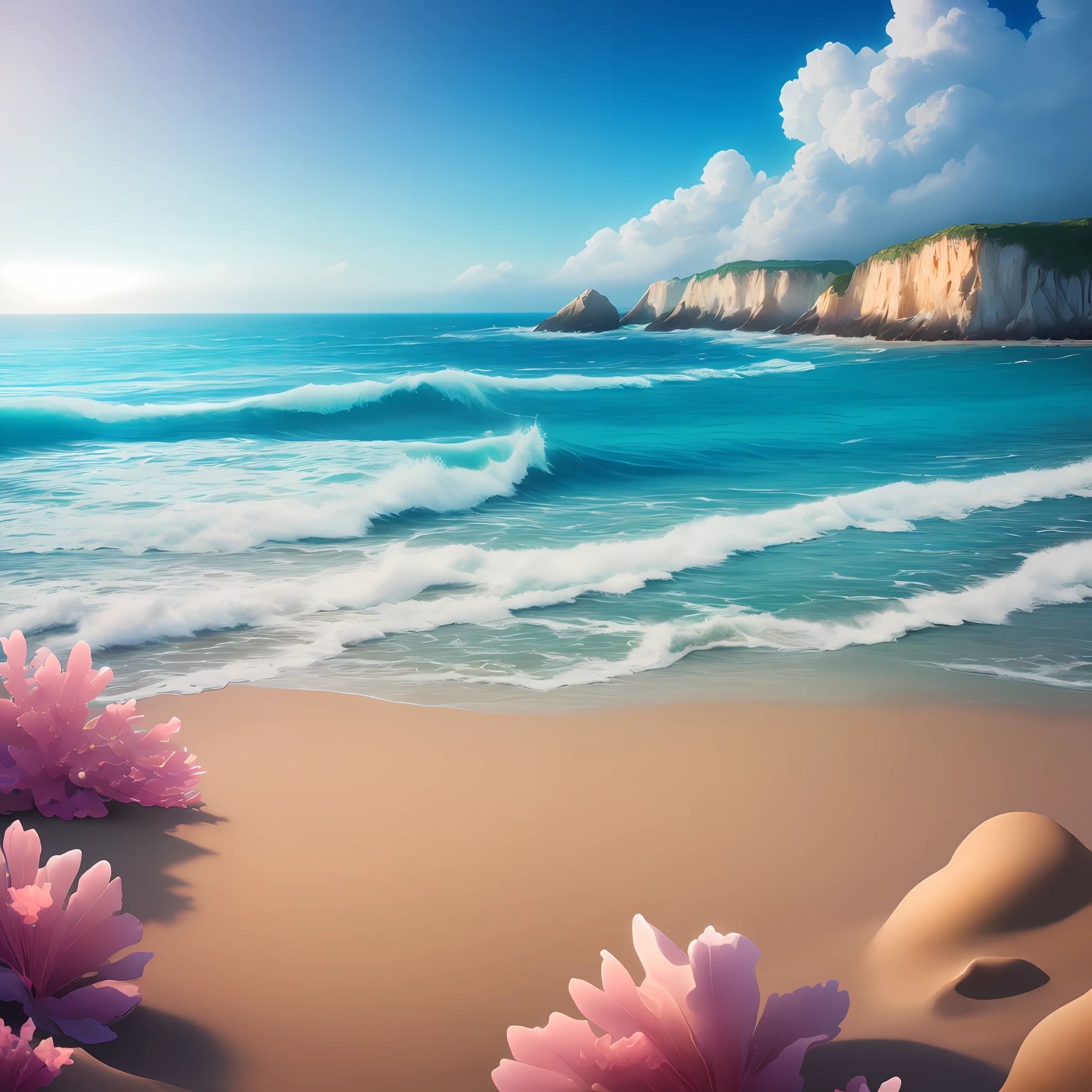 (Gem-covered beach), high-definition, exquisite picture quality, full color, perspective perspective, dynamic angle, long-range composition, beautiful beach scenery, clear and bright, delicate and exquisite lens details, full of mystery and bursts of surprises.