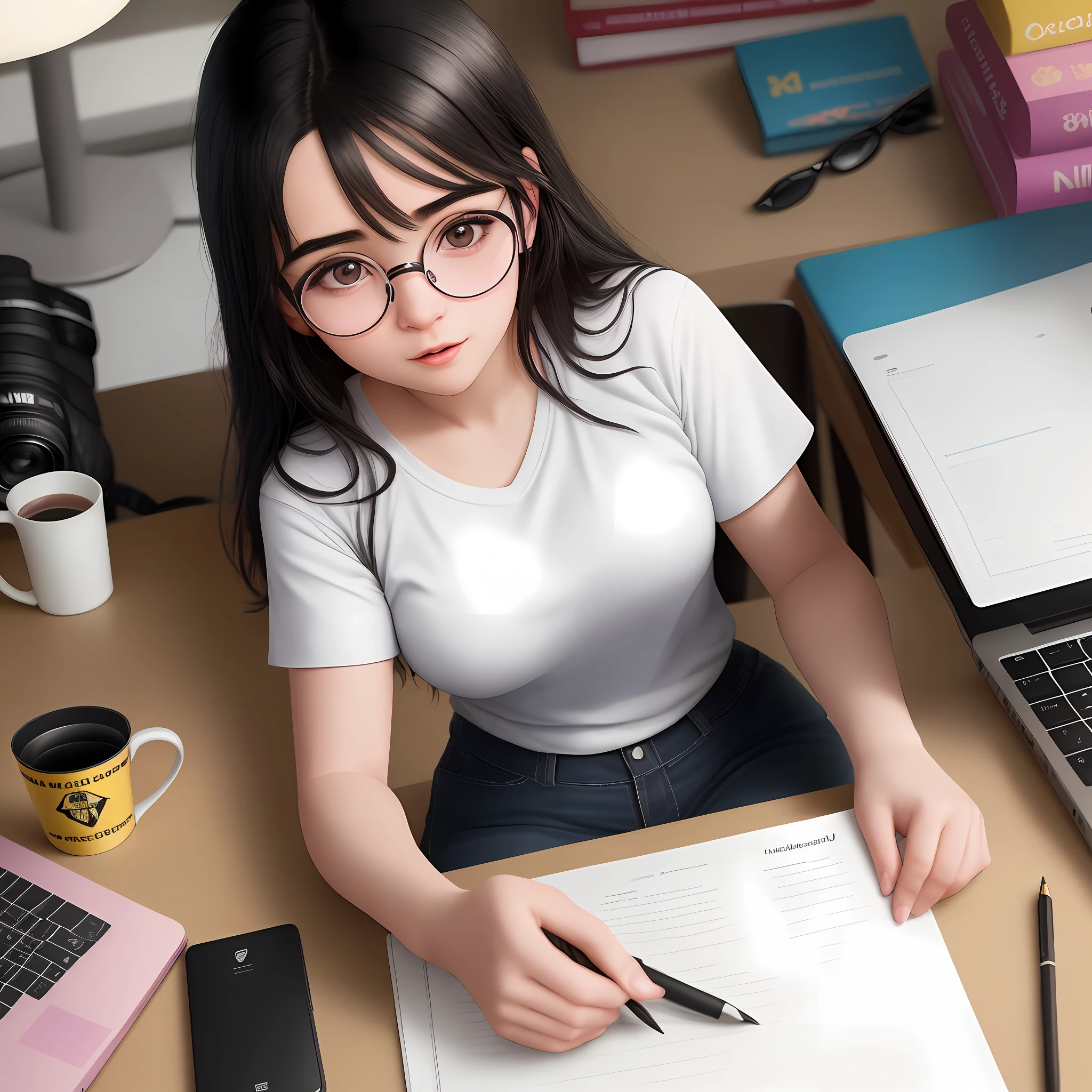 4k, realista, carismática, muito detalhada, "Draw a hyper realistic 20 year old woman with black hair and round glasses, Latin American, Brazilian, wearing a white t-shirt with a pink anime girl. She is in a modern office with white bookshelves, studying, looking at her notebook, in a table cluttered with study materials, a laptop and a Harry Potter mug. Next to it is a professional Nikon camera. Her expression is one of concentration. The scenery is pastel colored and realistic, viewed from a 30 degree angle by someone 1.80 m tall."