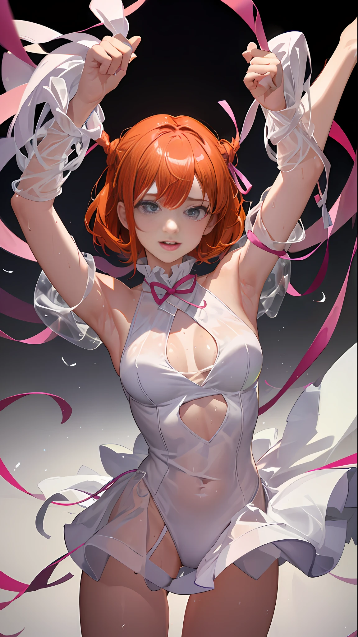 clown, one girl, clown make-up, solo, white sneakers, white leotard, lots of frills, see-through, sweat, detailed skin, masterpiece, top quality, realistic, hyper-detailed, (glossy, sweaty: 1.4) , absurdity, viewer gaze, short twintails, orange hair, highest quality), (circus, large audience, juggling balls, rings, rope), (1girl, solo), Ishmael_limbus, without clothing, ((pink ribbon), viewing Person's gaze, dynamic, bird's eye view, low angle, short hair, black eyes, see-through underwear, laughter, white teeth, shining eyes, sweat) ), entwined in ribbons, ((arms raised, tied behind head) ), bondage, low angle, bondage, bound by ribbons, perfect figure, upper body