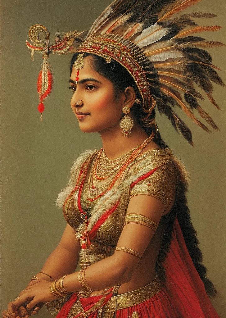 an Indian woman with her petticoat and her feathered headdress and her bow and arrow
