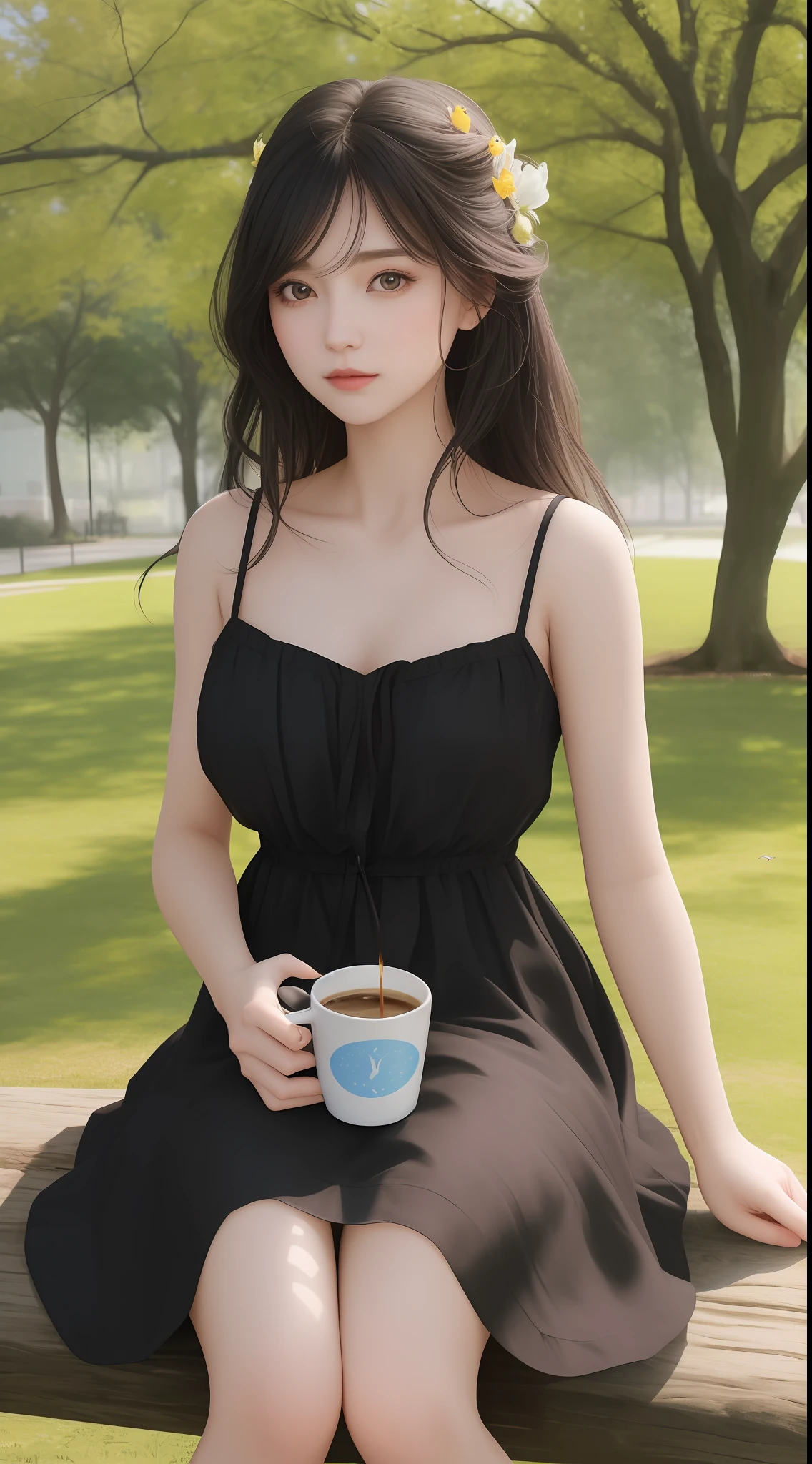 {best quality}, {{masterpiece}, }, {highres}, a beautiful and charming girl, age 25, face focus, Delicate and attractive collarbone, shoulder length messy hair, black hair, lively big eyes,( light yellow dress), Sitting in a park in the sun sipping coffee with a blue cup in your arms, {wet}, {annoyed}, Many birds, Leaning against a big tree, realistic