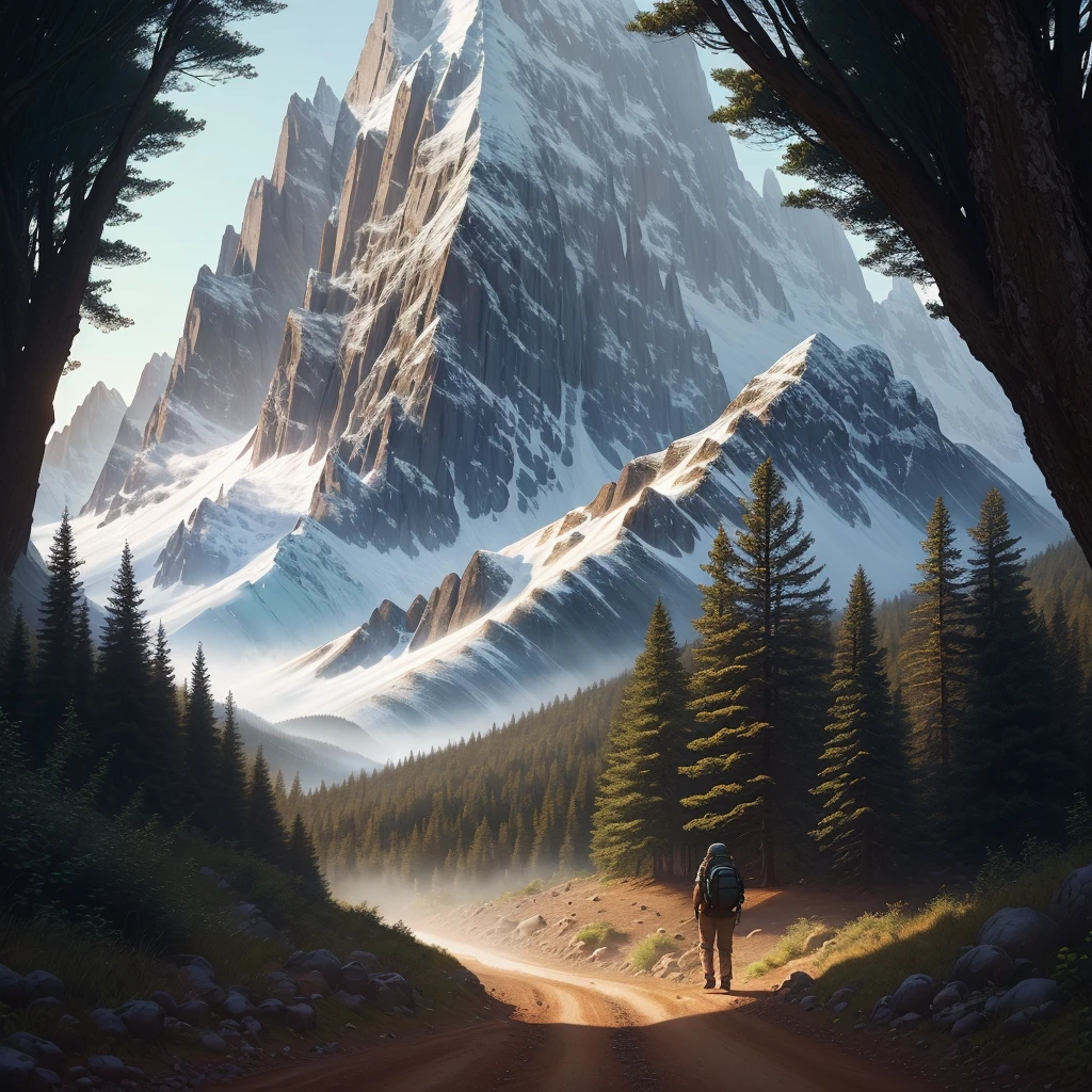 closeup mountain and dirt road, detailed, detailed landscape, intricate details in the environment - man walking through a forest, dirt road, with backpack on his back, realistic photo