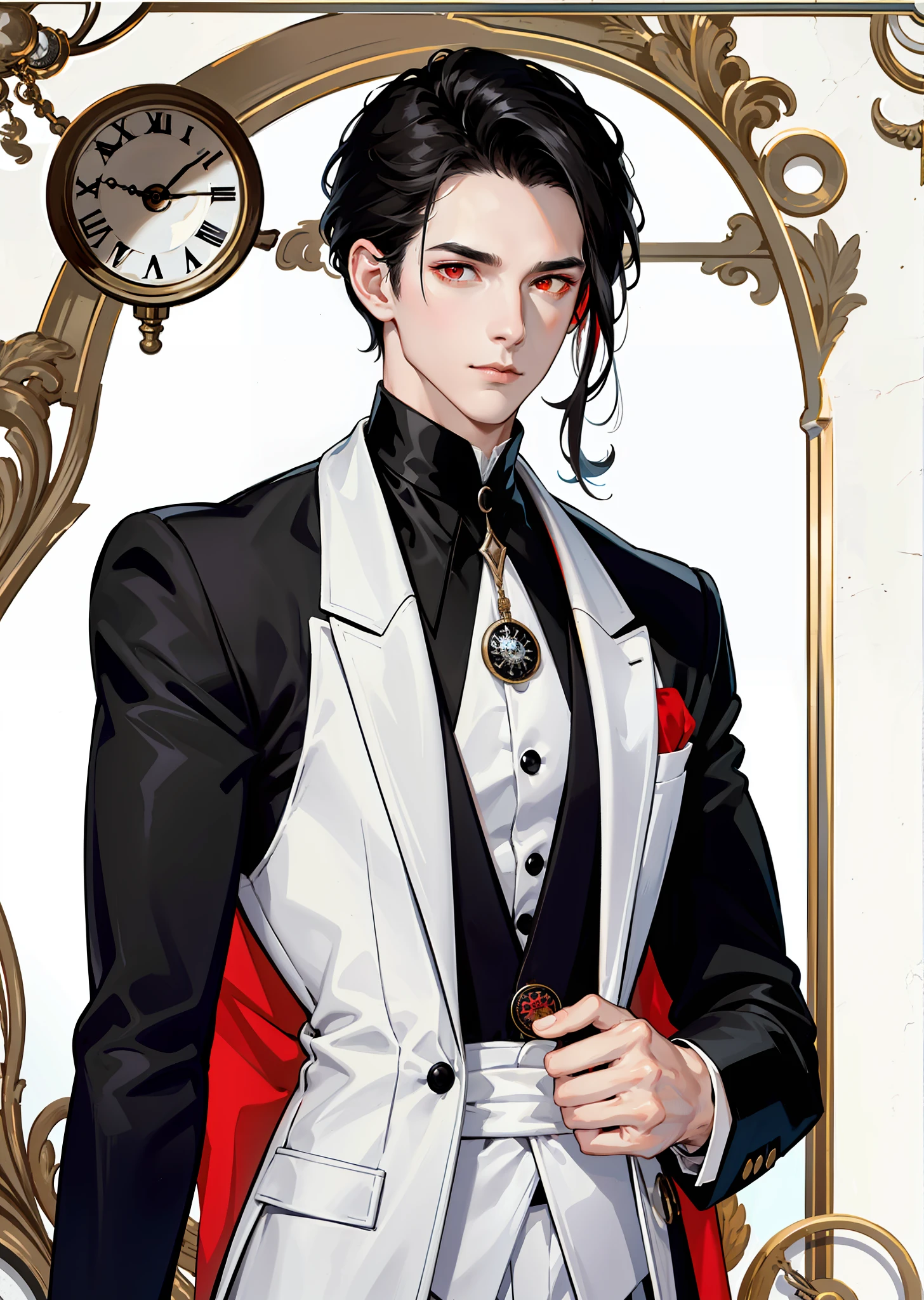 1 male, Tall, lean, with jet-black hair that never seems to be out of place, ((bright red eyes)) and pale porcelain skin, dressed impeccably in a black and white tuxedo with a silver pocket watch.A perfectly tailored black and white tuxedo paired with a silver pocket watch, masterpiece, base, illustration, realistic, portrait, upper body, close up, dark mansion background.