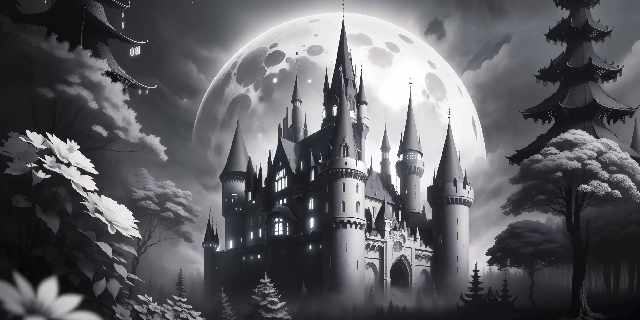 (Masterpiece), (Perfect Quality: 1.0), (Ultra HD Details: 1.0), black and white psychedelic and dreamy illustrations, in the fairyland-like forest and dark sky, a magnificent, mysterious, ominus huge castle is looming, moonlit --v 6