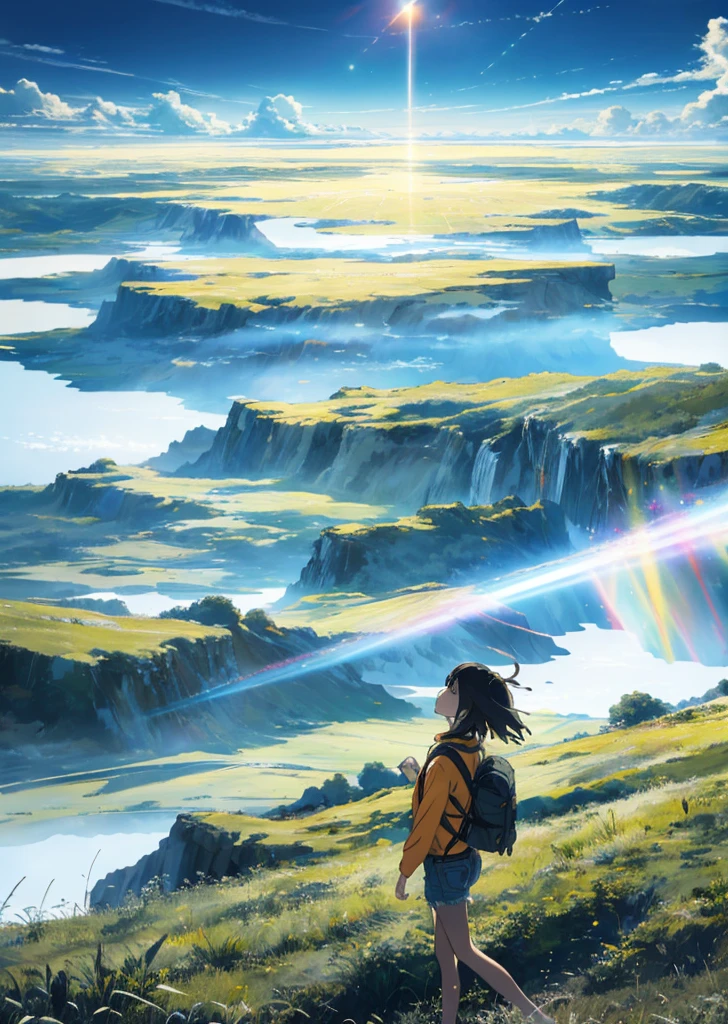 The vast sky, beautiful skyline, large grasslands, extremely tense and dramatic pictures, moving visual effects, the high-hanging Polaris, and colorful natural light. Long-sleeved top, denim shorts, and a girl with a backpack.