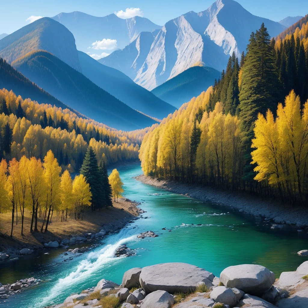 mountains, rivers, interlaced, sunlight, trees, blue sky
