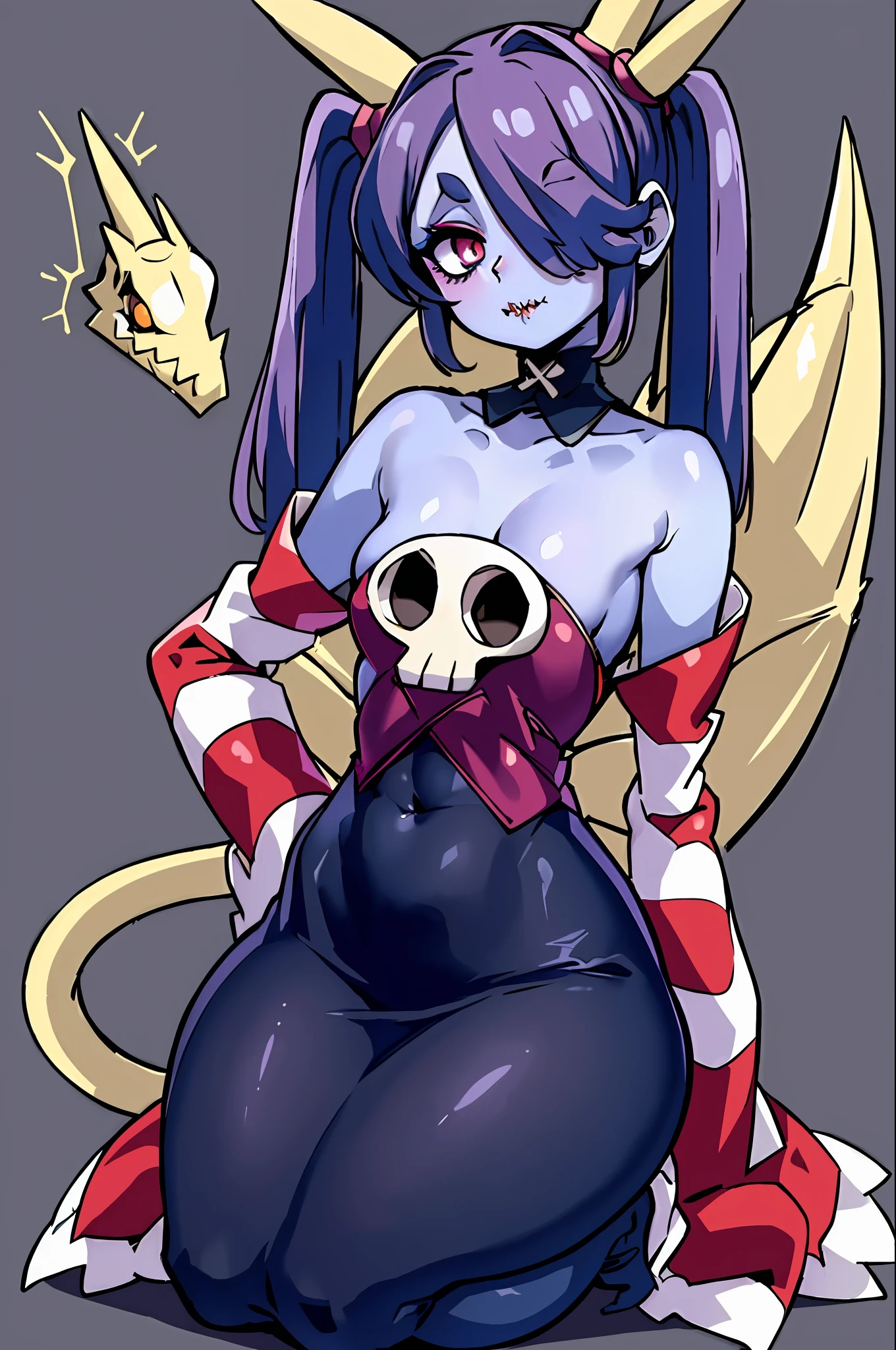 wavy, 1 li, solo, small breasts, looking at viewer, bare shoulders, open sleeves, hair over one eye, red eyes, side ponytail, ponytail, loose collar, skull, ((blue skin)), dots, zombie, striped sleeves, stitched mouth, extremely detailed, highly detailed, perfect face, beauty, perfect eyes ((skeletal arm, live tails, big ass, big lips)), big eyes, makeup, big eyelashes, cute, adorable , serious, ( (leviathan: 1.3)), full body, in lingerie, ecchi anime style, full body art, ecchi style, anime character, kneeling, ripped clothes, showing ass
