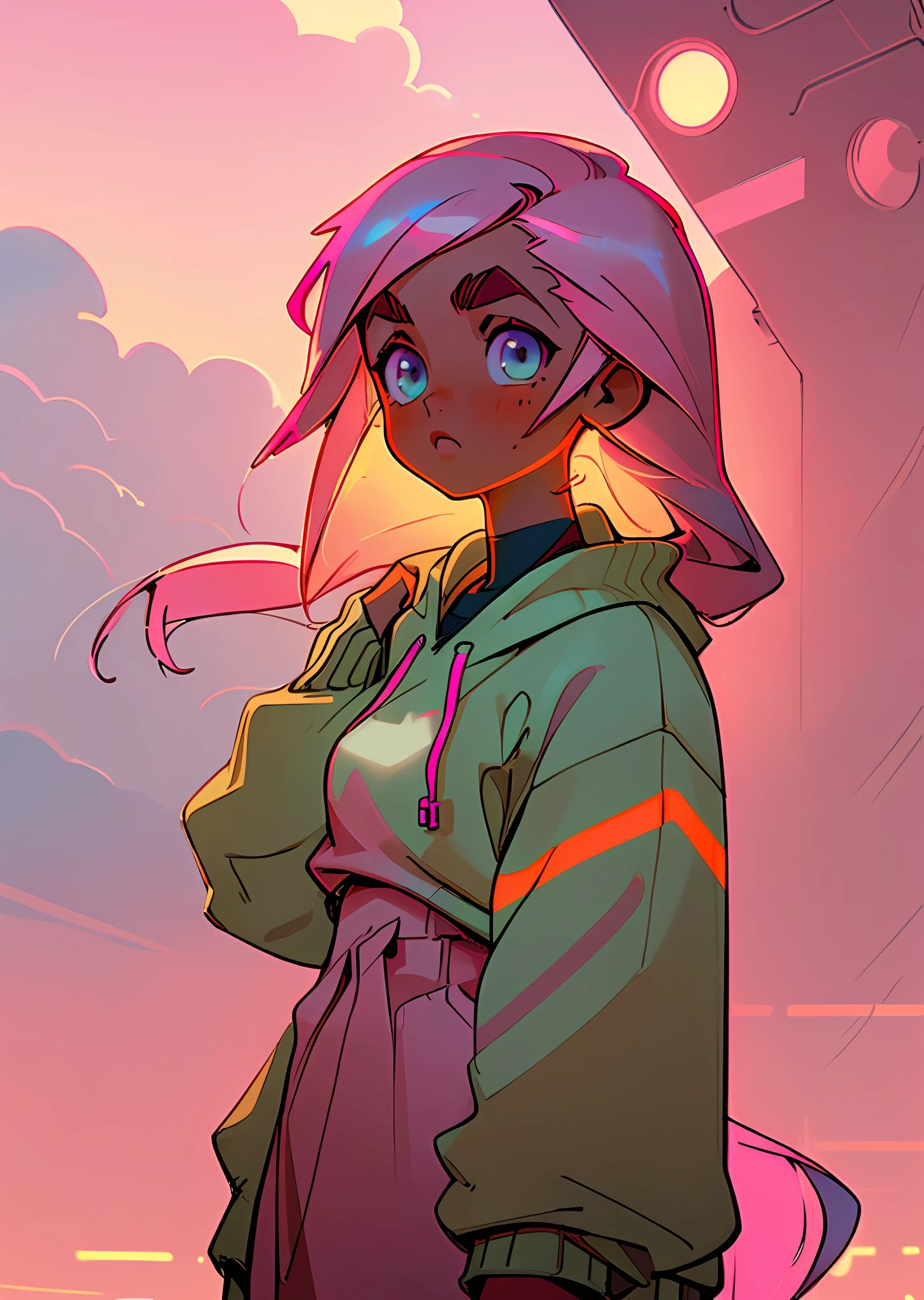 (best quality: 1.2, masterpiece), 1girl, (close up, tan skin, pink hair, very long hair, light eyes, thick eyebrows), cyberpunk, sweatshirt, neon, cloudy sky