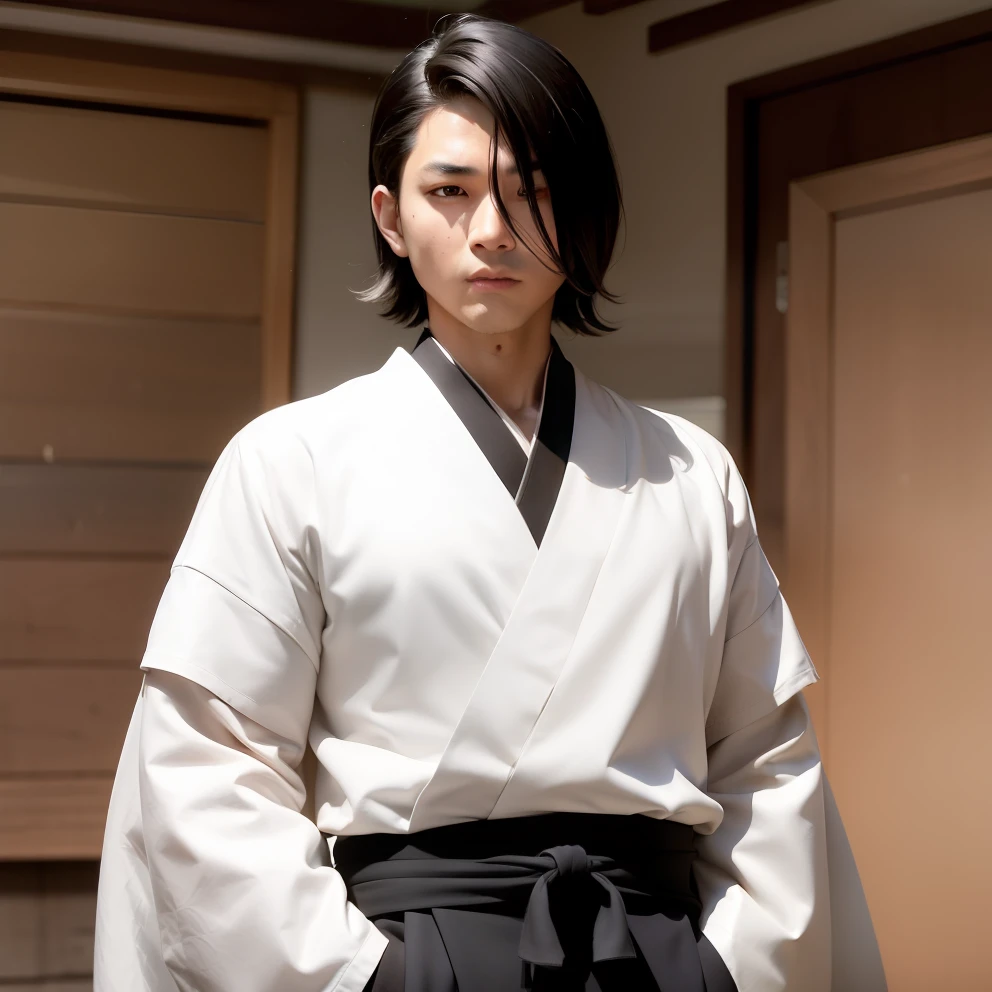 realistic description of what Tanjiro Kamado would look like if he were a real person. He should have Asian features, such as almond-shaped eyes and black hair. His face should have a youthful appearance, but with a determined and courageous look in his eyes. He should have short, tousled hair, with the appearance of having been cut with a blade. His skin should have a light tone, but with a slight tan due to spending time outdoors. He should be wearing simple and practical clothes, such as a shirt and hakama. His posture should be upright and confident, reflecting his brave and protective personality."