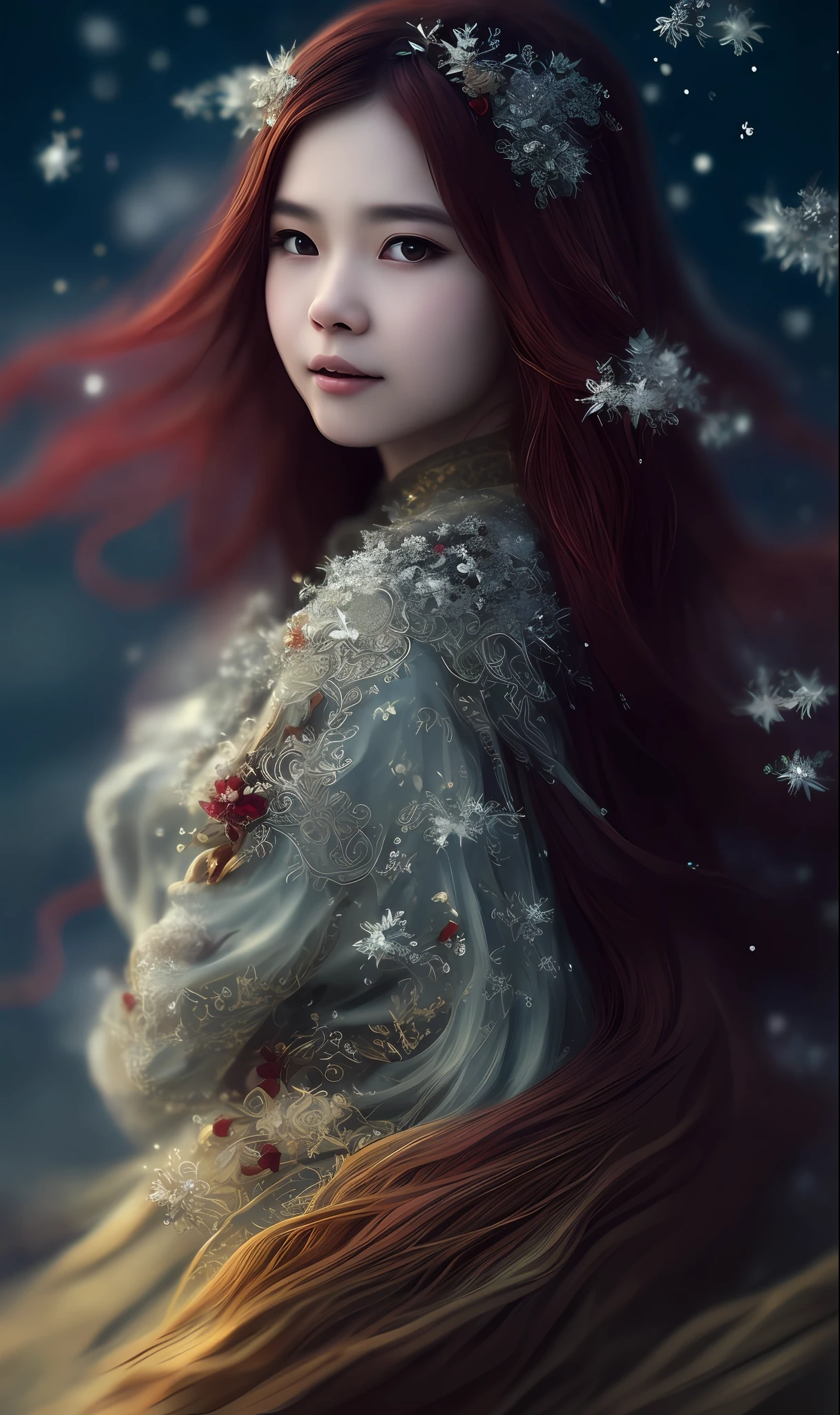 uminism, fantasy acrylic, a close up of a cute Vietnamese, by WLOP, greg rutkowski, long red ginger silky hair, flowers in hair, wheat shoot in hair, emerald eyes, feathery dress, golden necklace, silver glowing snow, winter, falling snow, complex background, dynamic lighting, lights, digital painting, intricated pose, highly detailed, cute, filigree, intricated