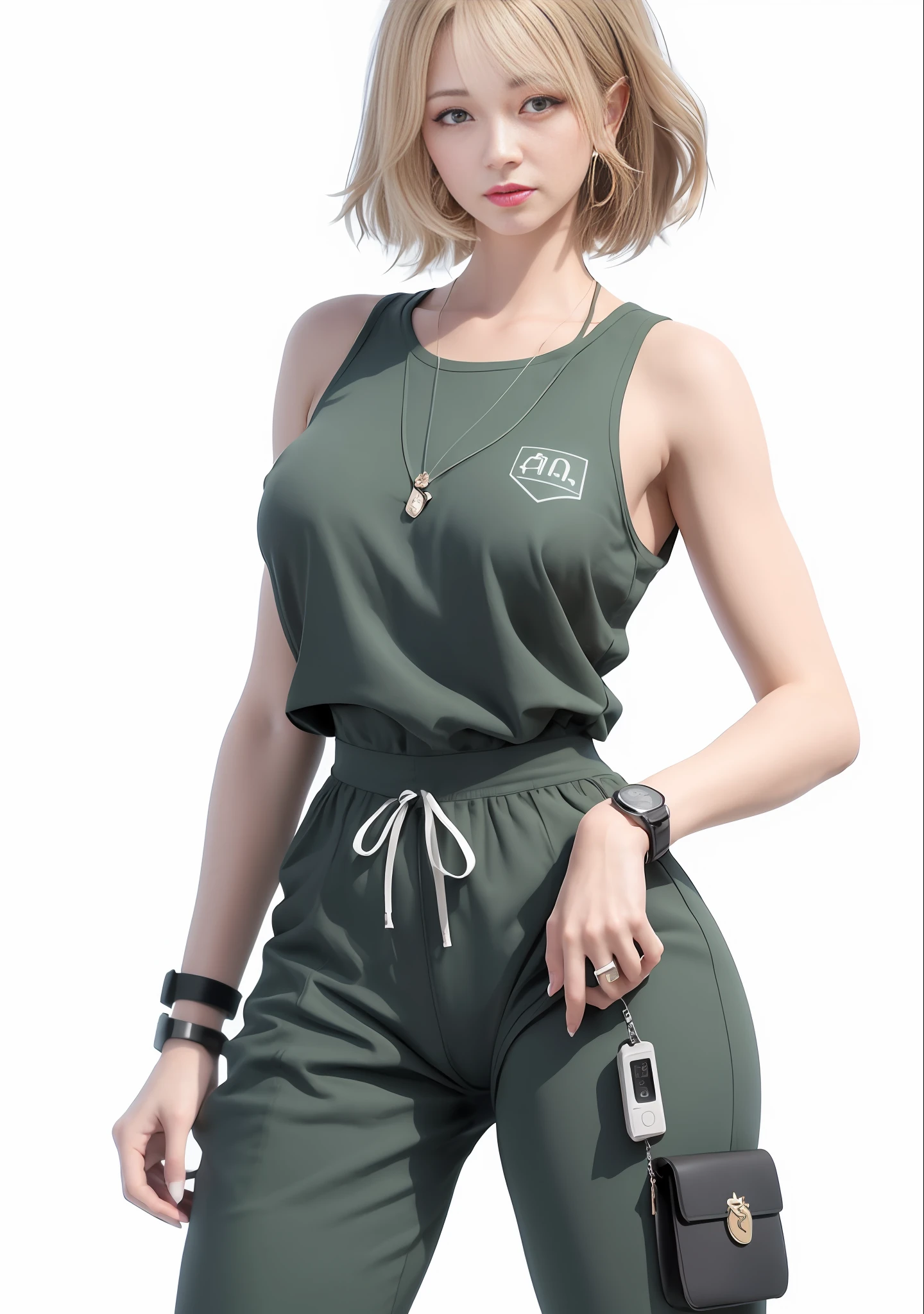 Close up of a man with bag and mobile phone, April render, 3d render character art 8k, realistic anime girl render, cute girl in tank suit, short hair, cute 3d anime girl render, soldier costume, realistic outfit , female costumes, female characters, heroines, from Girls Frontline, (8k, RAW photo, best quality, masterpiece:1.2), (realistic, photo-realistic:1.37),1girl, solo,